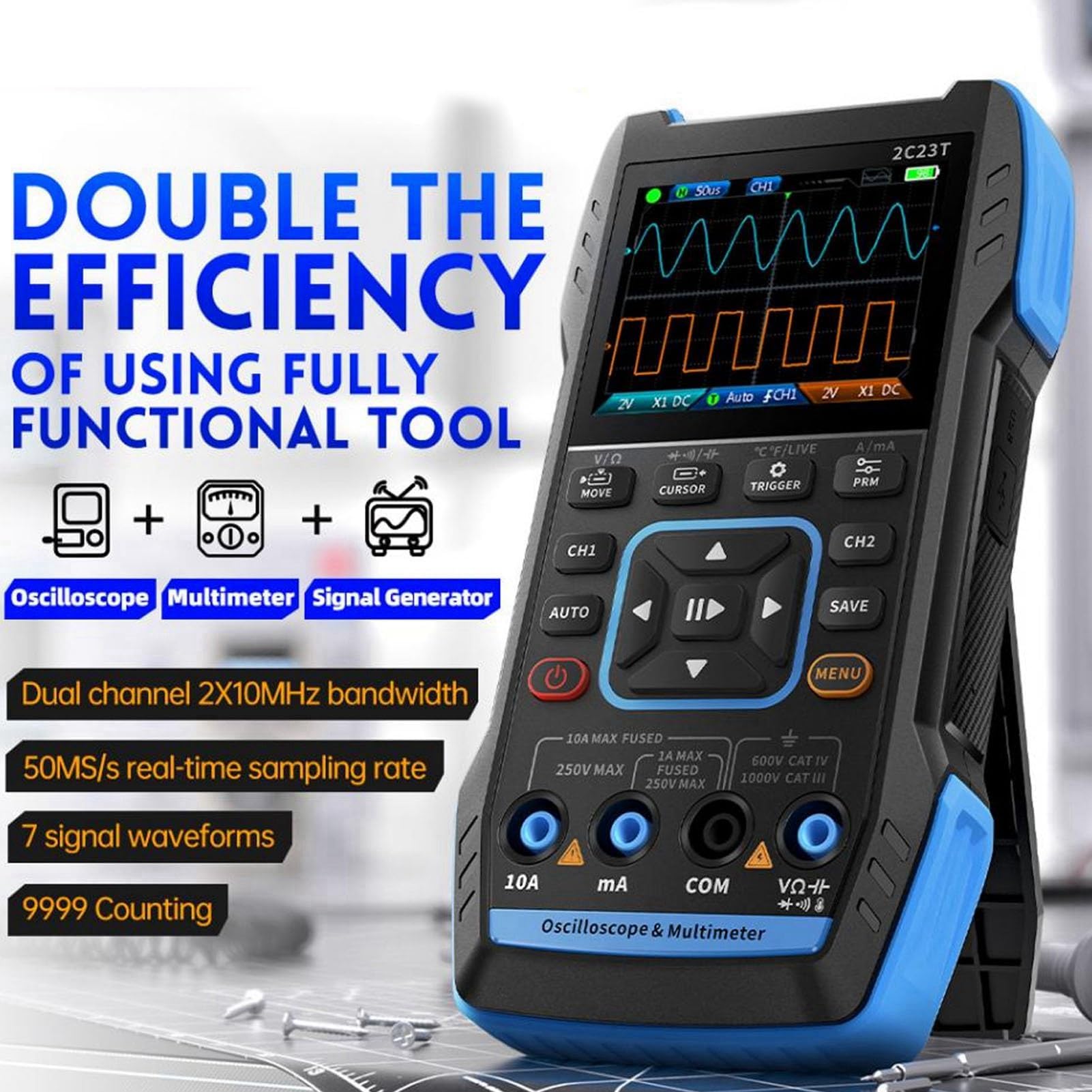 Ejoyous Multímetro de Osciloscopio, 2C23T Generador de Forma de Onda Multifuncional 3 en 1 Generador de Señal Manual Ancho de Banda de 10 MHz, Frecuencia de Muestreo de 50 MS/s 2 Canales
