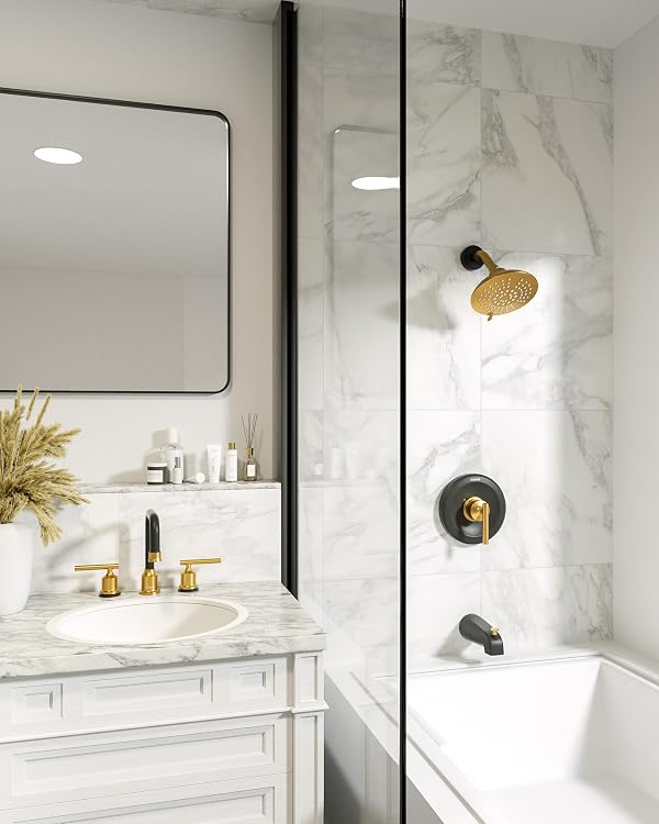Shower Faucet Set with Valve, WOWOW Shower Trim Kit with 6-Inch Rain Shower Head and Tub Spout, Single Handle Shower Tub Combo complete Sets Wall Mount, Black and Gold by WOWOW - Used condition - Image 2