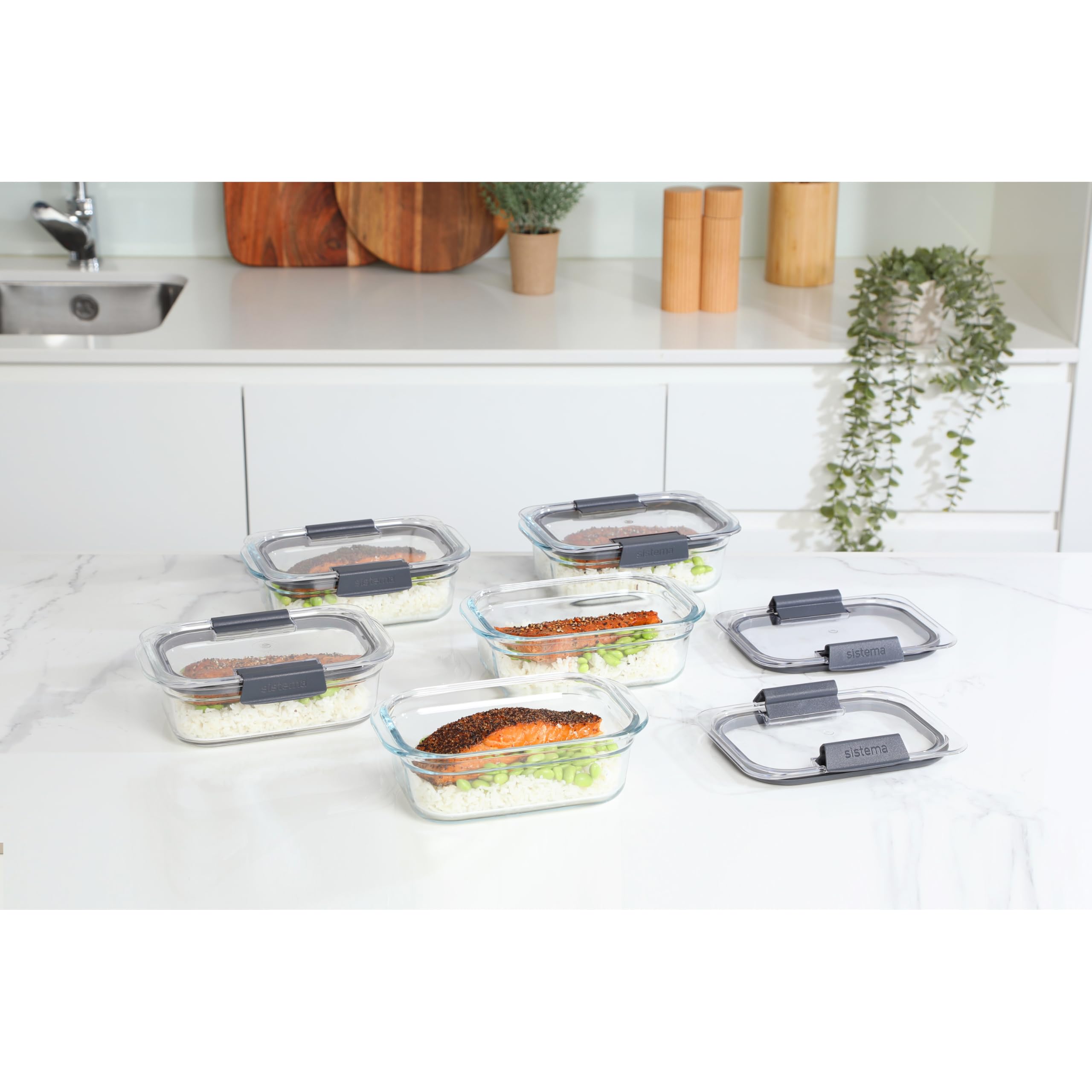 Sistema Brilliance Glas Meal Prep Behälter 757 ml, 5er-Pack, 100% Auslaufsicher & Luftdicht, Microwave-Entlüftungen für spritzfreies Erhitzen, Ofen- und Heißluftfritteuse-sicherer Boden