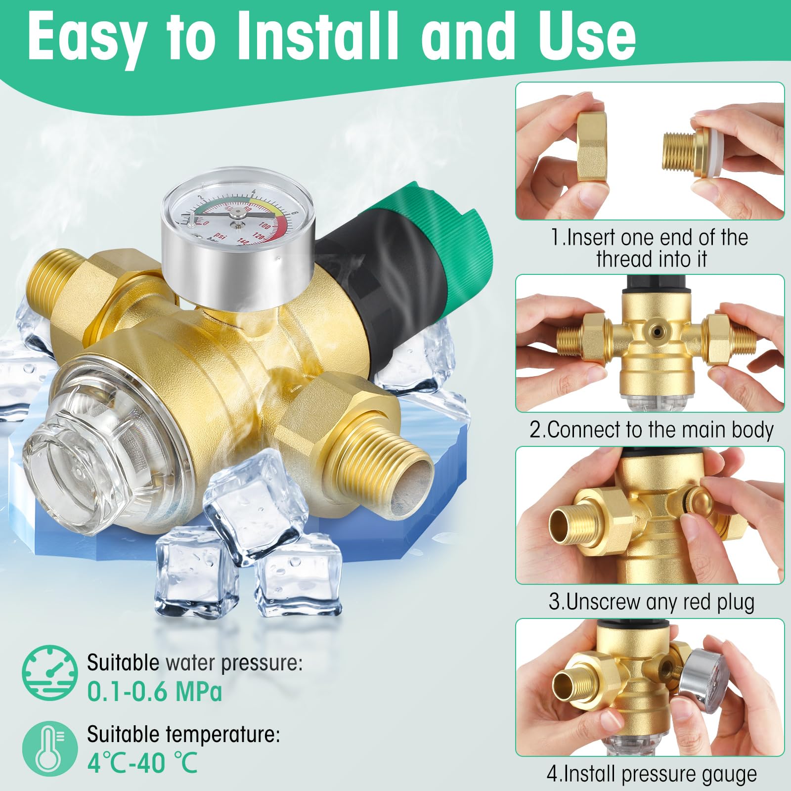Regulador de presión de agua de 3/4 pulgadas, regulador de presión para agua potable con manómetro y filtro de tamiz, válvula de alivio de presión de agua ajustable para regular la presión