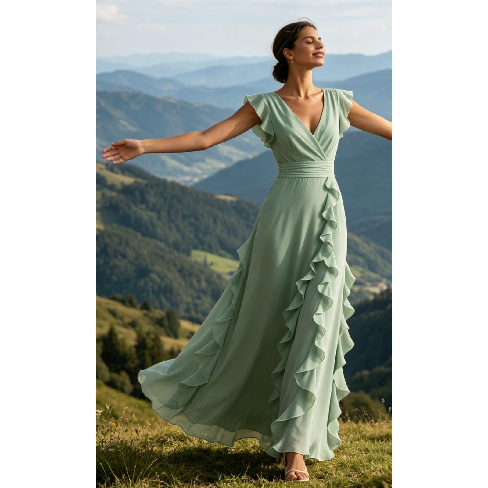 Vestido de Dama de Honor de Gasa con Volantes — Vestido Formal de Manga Corta, Largo, con Escote en V y Estilo corsé — Vestido de Noche para Bodas y Eventos Formales