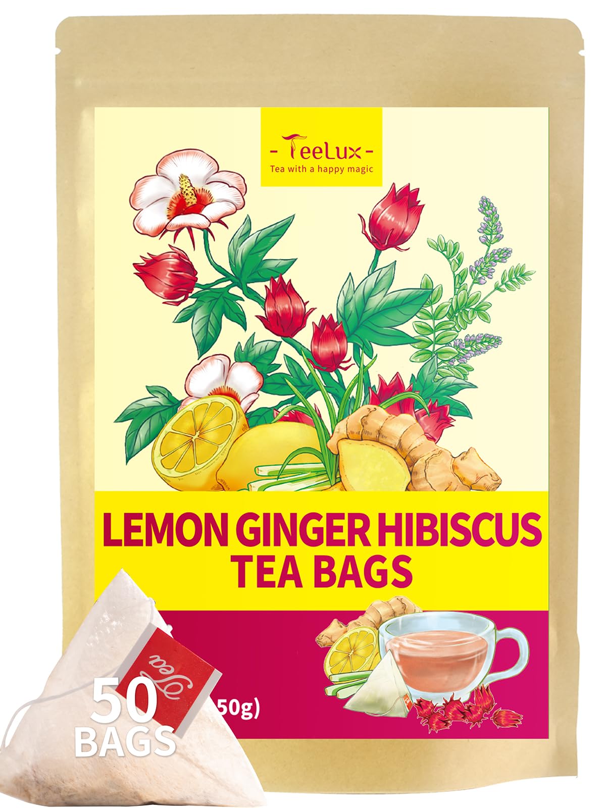 TeeLuxLemon Ginger Tea Bags 50 Count, Blend Natural Lemongrass, Ginger, Licorice, Hibiscus, Lemon Flavor, Warm & Zesty, Caffeine Free, Healthy Herbal Tea
