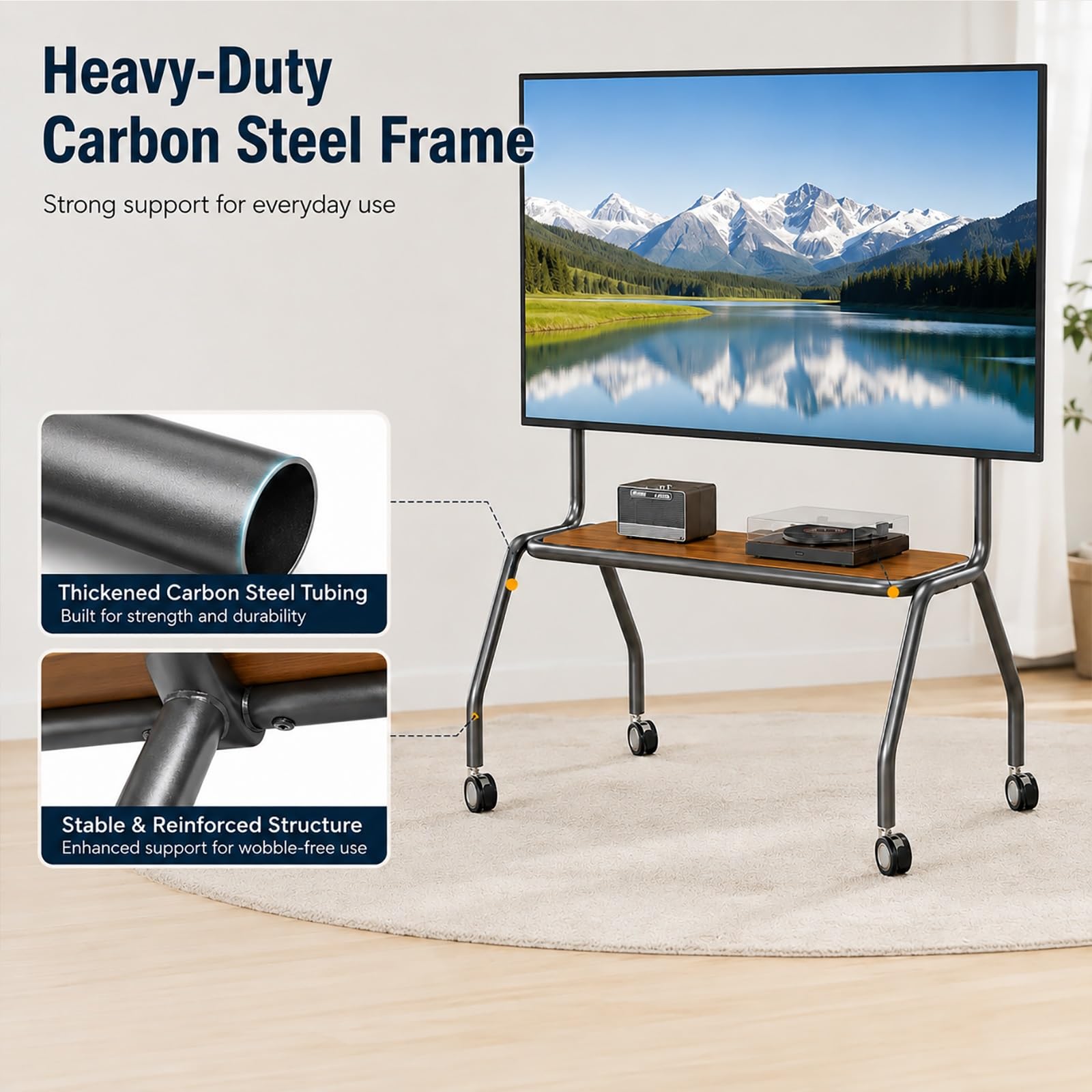 Supporto TV Mobile con Ruote, Supporto TV Autoportante | Robusto Telaio in Acciaio al Carbonio, Ripiano Portaoggetti per TV da 40–75 Pollici(Brown,120cm/47in)