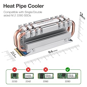 GRAUGEAR M.2 2280 NVMe SATA SSD Heatsink, Direct Touch Heatpipe, Dual Copper Heat Pipes, Aluminum Alloy Plate-Fin Design, 2 Thermal Conductivity Pads incl., 1.34 inches Height [G-M2HS06]