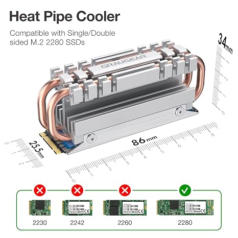GRAUGEAR M.2 2280 NVMe SATA SSD Heatsink, Direct Touch Heatpipe, Dual Copper Heat Pipes, Aluminum Alloy Plate-Fin Design, 2 Thermal Conductivity Pads incl., 1.34 inches Height [G-M2HS06]