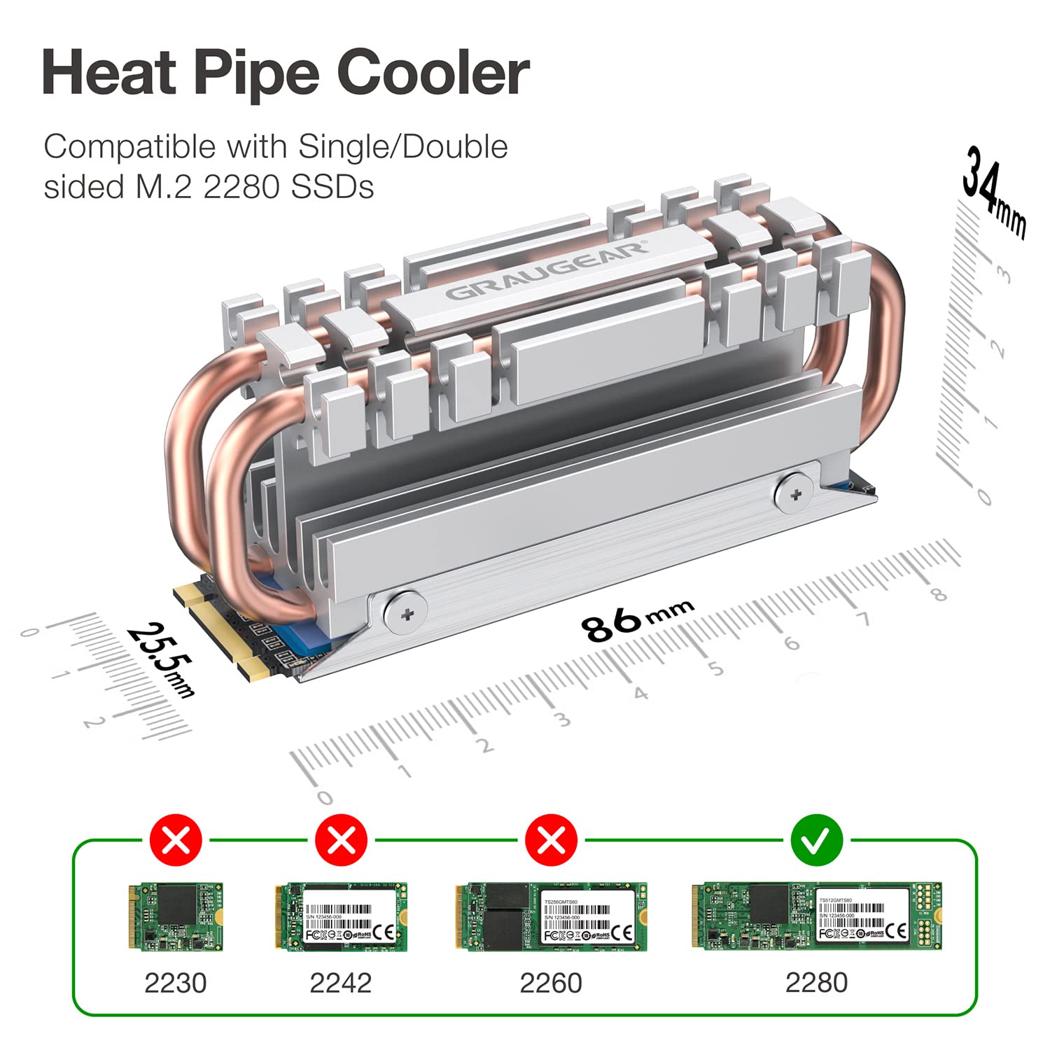 GRAUGEAR M.2 2280 NVMe SATA SSD radiator, bezpośredni dotyk Heatpipe, podwójne miedziane rury cieplne, konstrukcja płyty ze stopu aluminium, 2 podkładki przewodności cieplnej w zestawie, wysokość 3,4