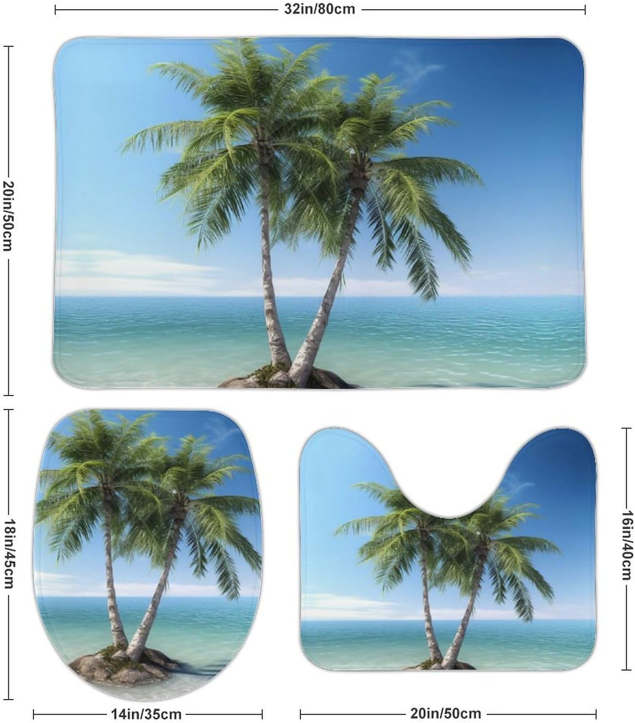 Anti-Skid Floor Mats 3 Piece Set,Sea Palm Trees Printed Coral Fleece Bathroom Mats U-Shaped Contour Mat Toilet Seat Cover for Bathroom, Tub, Shower, Kitchen 19.7"x31.5"
