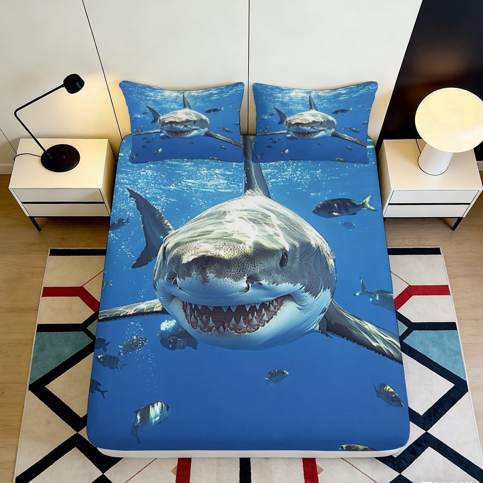 3D Printed Shark Ocean Fitted Sheet Microfiber Non-Slip Blue Underwater Mattress Cover for Bedroom Guestroom Decor 90x200x25cm