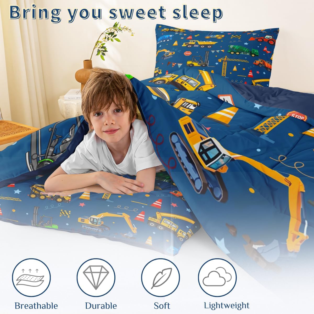 jejeloiu Trucks Excavator Cars Comforter Set Twin Size Construction Vehicles Bedding Set for Kids Boys Girls Cartoon Equipment Trucks Duvet Quilt Blue Yellow Bedroom 2 Pcs with 1 Pillow Cases - Image 5