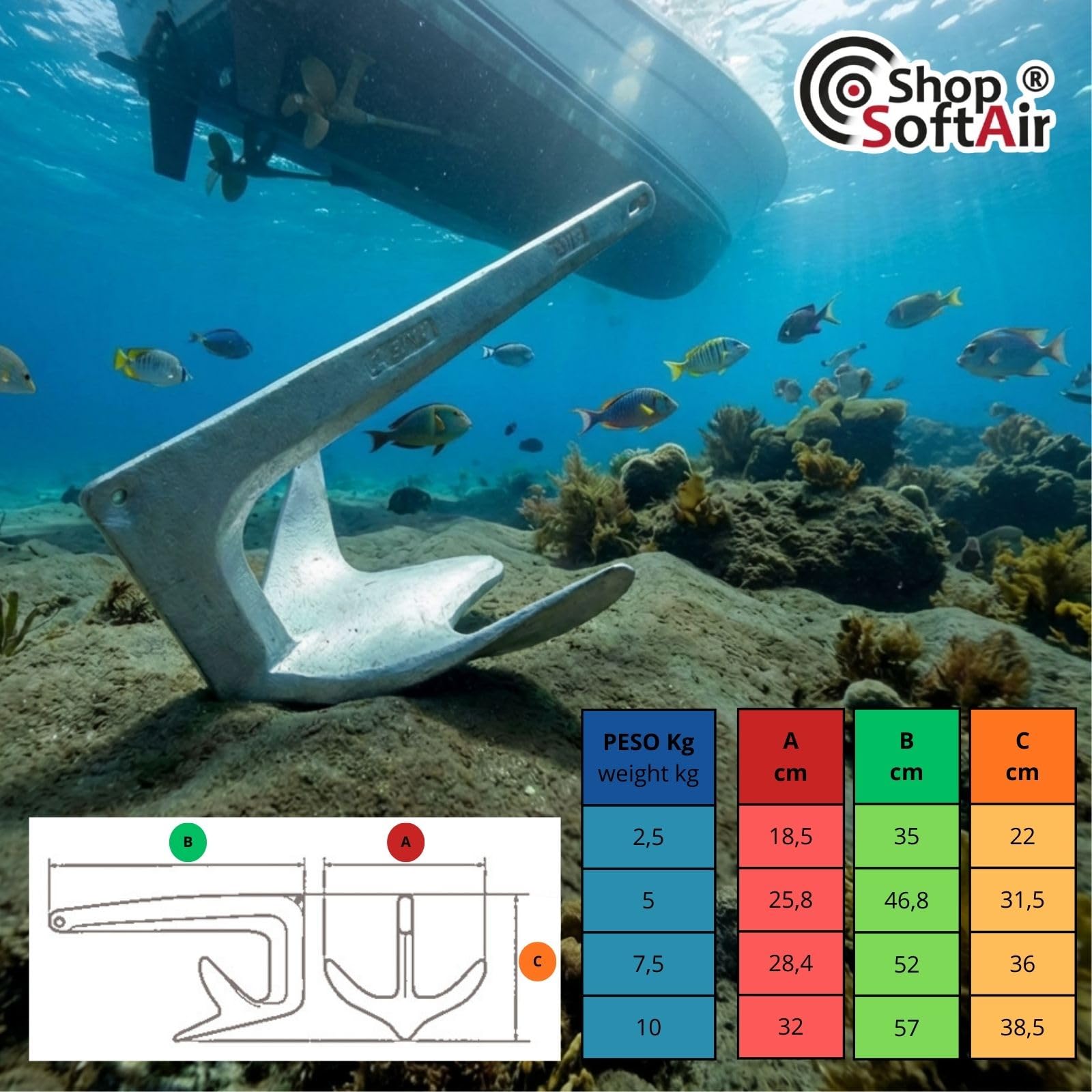 Anker Bruce (Trefoil) aus feuerverzinktem Stahl mit Schwimmleine 30 m und Karabinerhaken aus Edelstahl – Monoblock-Anker für Boot und Schlauchboot – 2,5 kg, 5 kg, 7,5 kg, 10 kg
