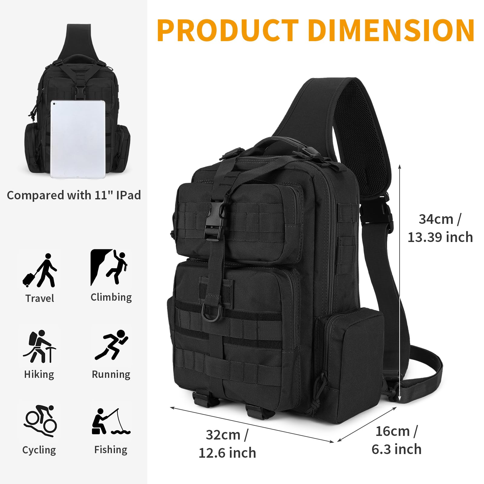 G-raphy Zaino Monospalla Uomo Militare Casuale Marsupio Sportivi Borsa a Tracolla Marsupio Uomo Sportivo Borsetta Monospalla Militare per Campeggio Escursionismo Ciclismo Viaggio Trekking (Nero)