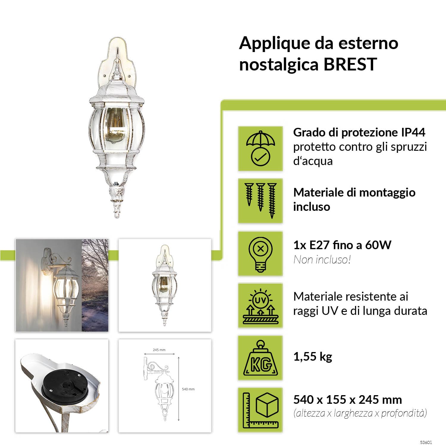 Lampada da parete esterna Brest a forma di lanterna con braccio bianco oro stile rustico retrò E27 IP44 ideale per giardino, terrazzo, cortile