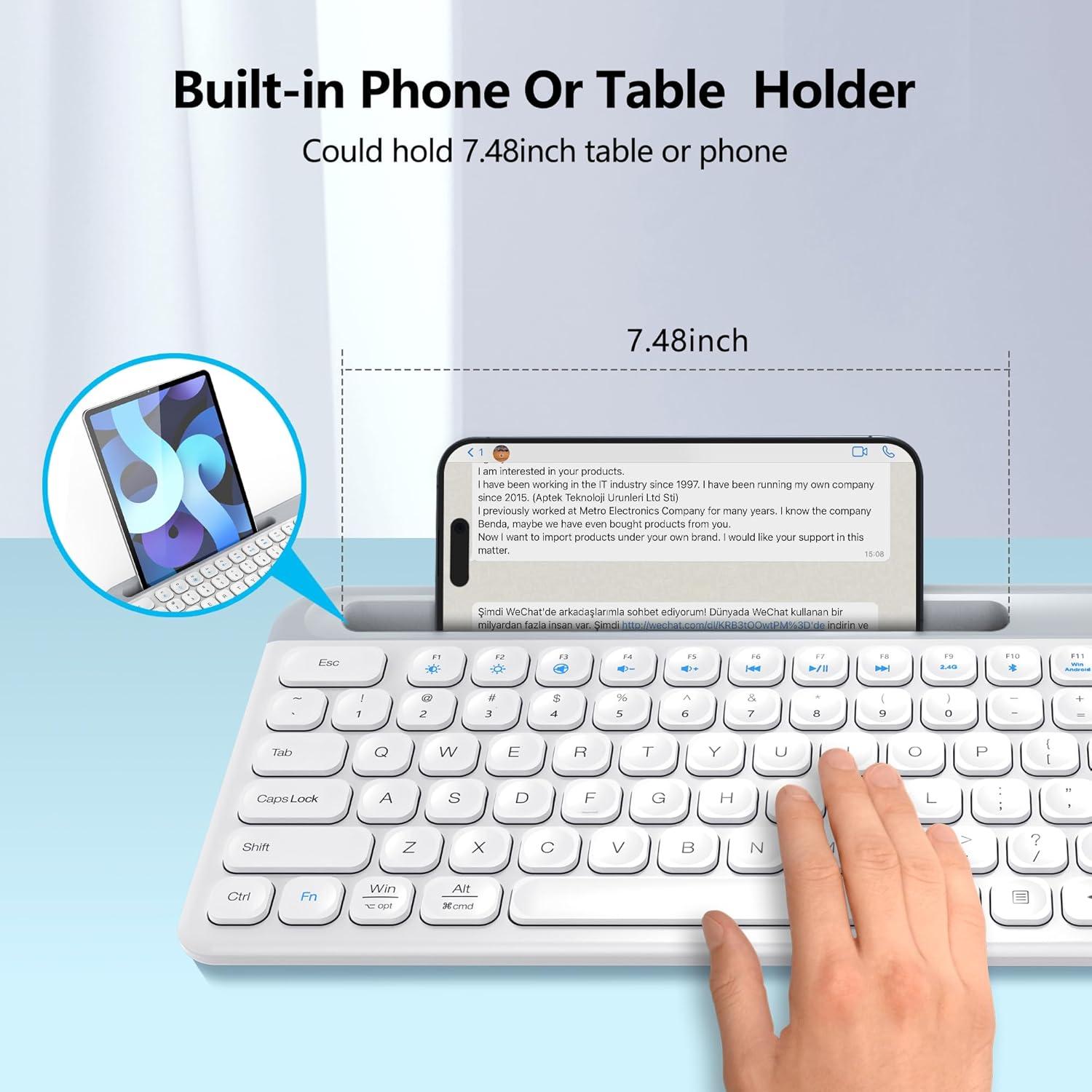 PopBloom K580 Multi-Device Slim Wireless Bluetooth Keyboard, Built-in Cradle for Device; for Laptop, Tablet, PC, Smartphone, Win/Mac- Pure White
