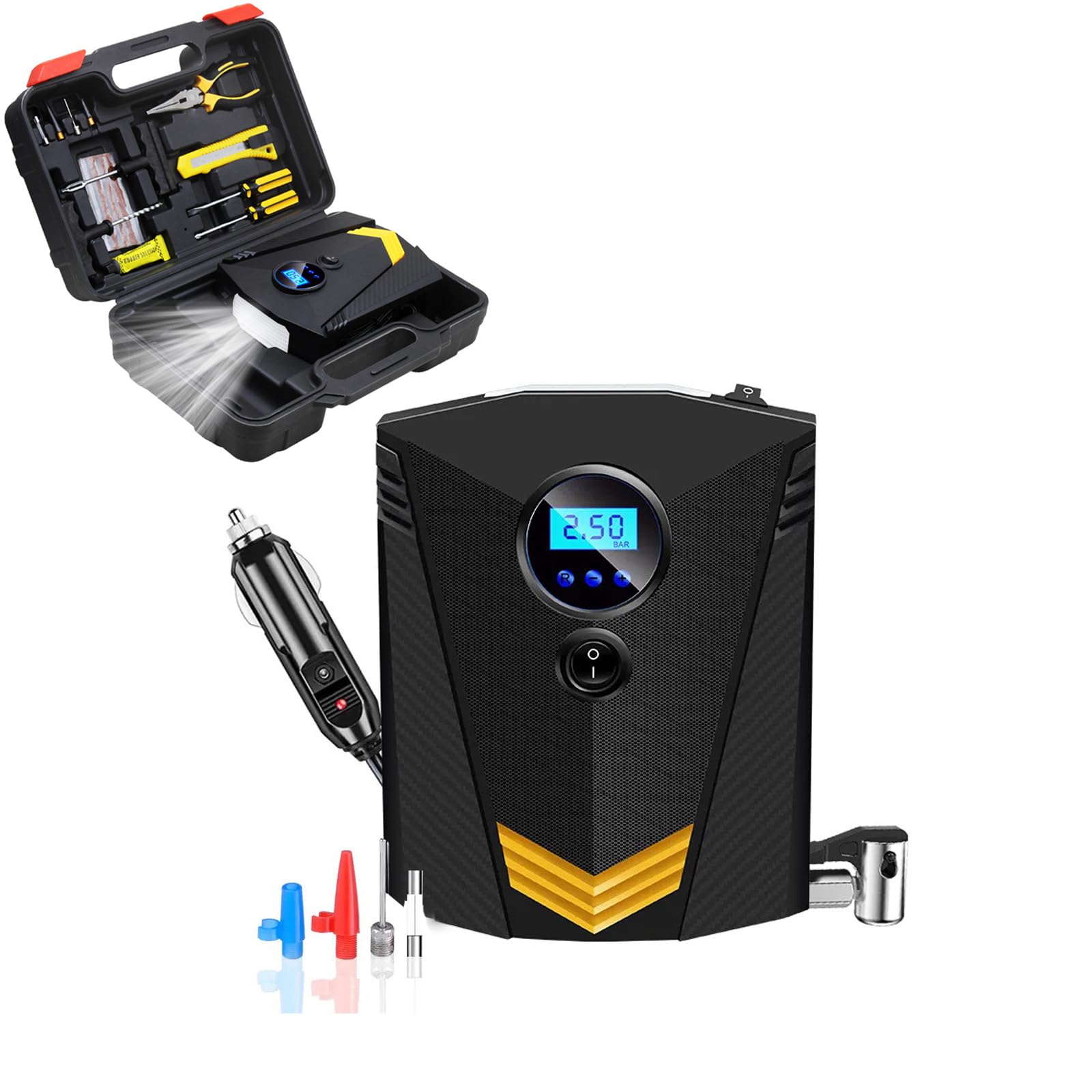 Tire Inflator Portable Air Compressor Set, DC12V Corded Air Pump for Car Tires with Toolkit 150PSI Digital Tire Pressure, LED Light, 3 Nozzle Adaptors for Car/Bike/Ball