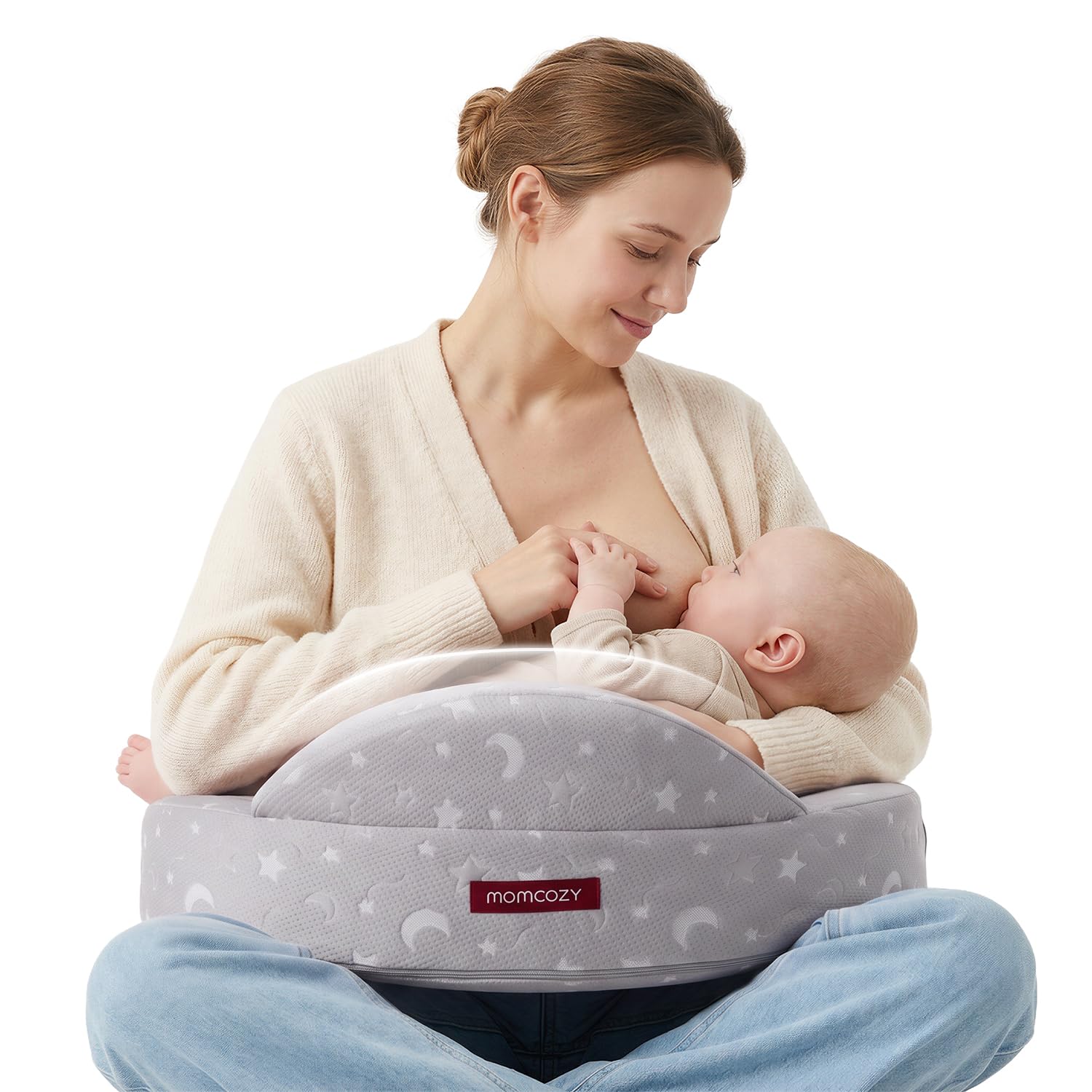 momcozy Cuscino Allattamento Sponde Sicurezza Memory Foam Grigio/Bianco | Imbottitura in Memory Foam Sicuro con Fodera Lavabile, Ideale per l'Allattamento Comodo e Stabile del Bebè