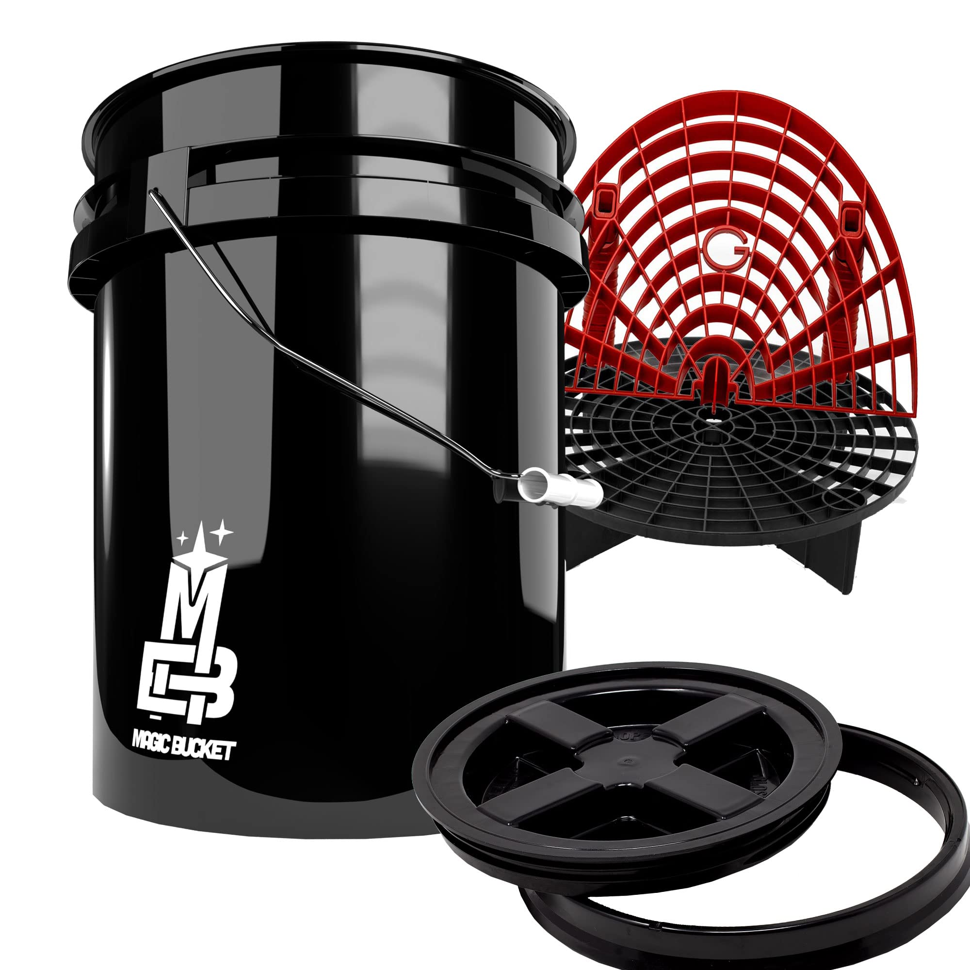 Detailmate professionelles Wasch Eimer Set: Magic Bucket Wascheimer 5 GAL (ca. 20 Liter), Gamma Seal Eimerdeckel schwarz, GritGuard Schmutz Einsatz schwarz, GritGuard Washboard rot