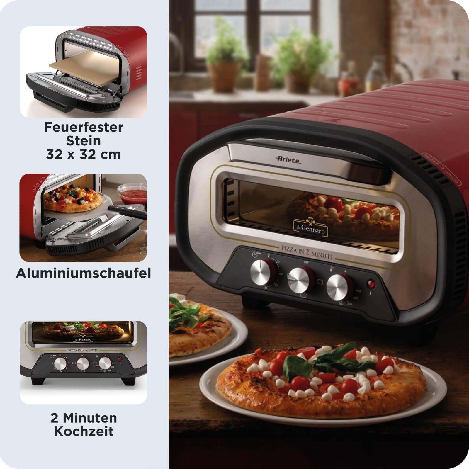 Ariete 3901 „Da Gennaro“ Pizzaofen – 2200 W, bis 430 °C, Pizza in 2 Minuten, feuerfeste Pizzasteinplatte, Rot