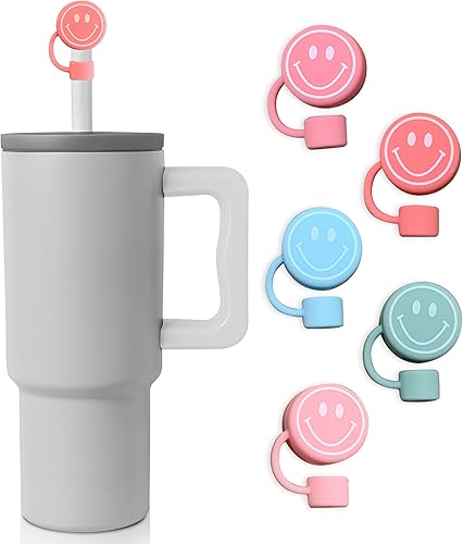 Stanley Cup - Juego de 5 adornos de silicona suave con diseño sonriente para pajilla, compatible con vaso Stanley Cup de 30 oz40 onzas, accesorios