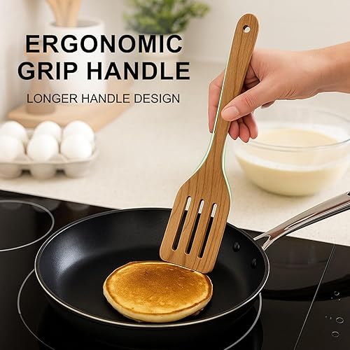 Miniatura 8 de Mejor juego de espátulas de madera, espátula ranurada de cocina, utensilios de madera de teca para servir cocinar, juego de utensilios de cocina