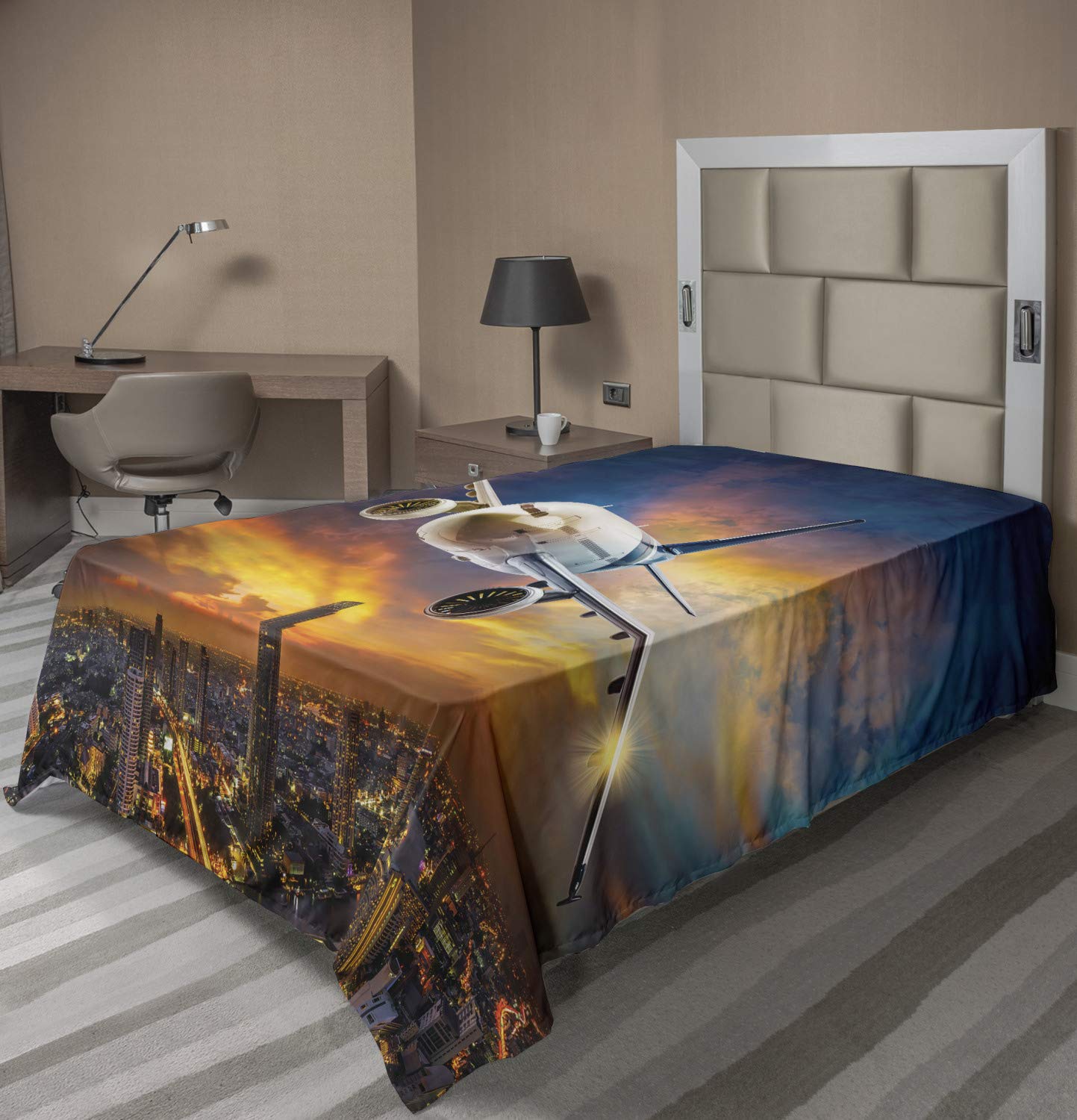 Ambesonne Travel Flat Sheet, Aerial View of Airport with Plane on The Air Night Scenery Over City Sunset Image, Soft Comfortable Top Sheet Decorative Bedding 1 Piece, Twin Size, Orange Blue