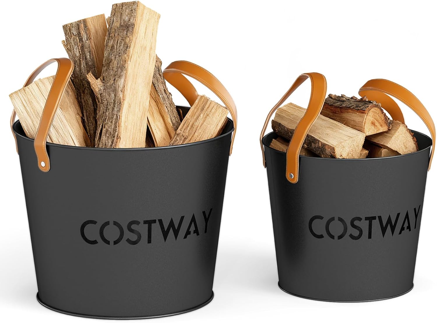 COSTWAY Ash Bucket Set of 2, Metal Coal Ash Can Set with 11.5 Gal & 8.5 Gal Bucket, Leather Carrying, Indoor Outdoor Ash Tool Cleaning Bucket for Fireplace Fire Pits Wood Burning Stoves, Black