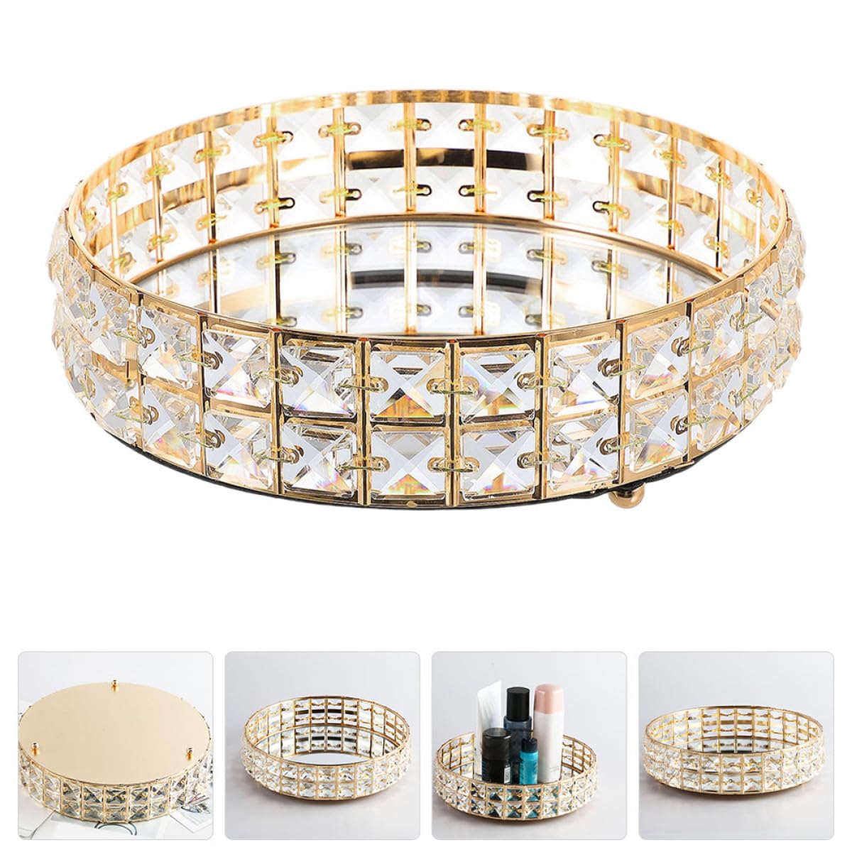 IMIKEYA Bandeja Redonda Dorada para Joyas y Cosméticos Superficie de Espejo y Diseño de Hierro, Organizador Moderno para Decoración del Hogar