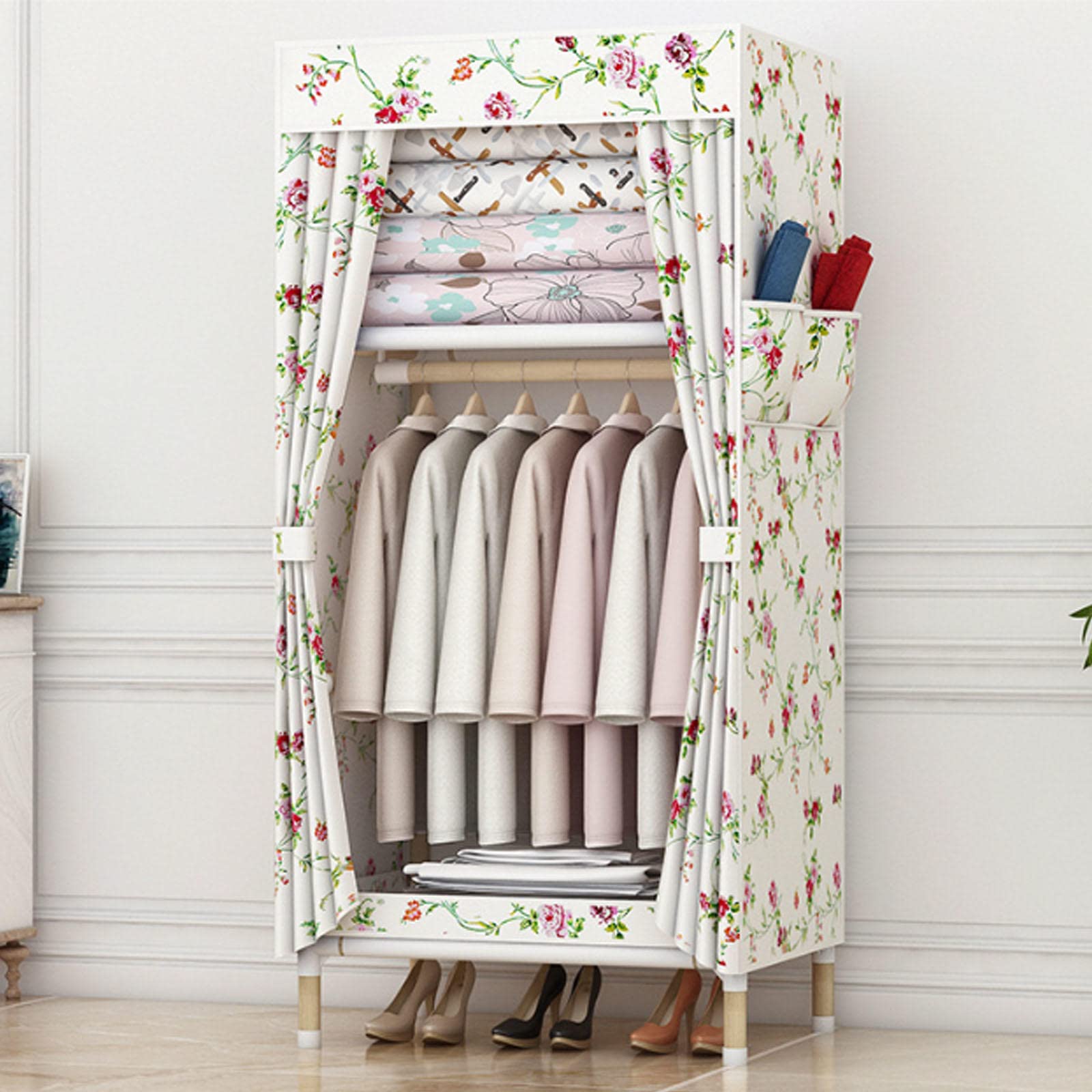Tragbarer Kleiderschrank aus Segeltuch, Regale, faltbarer Schrank mit Kleiderstange und Seitentaschen, Kleiderschrank, Aufbewahrungsorganisator für Kleidung, Taschen, B-65 x 45 x 1