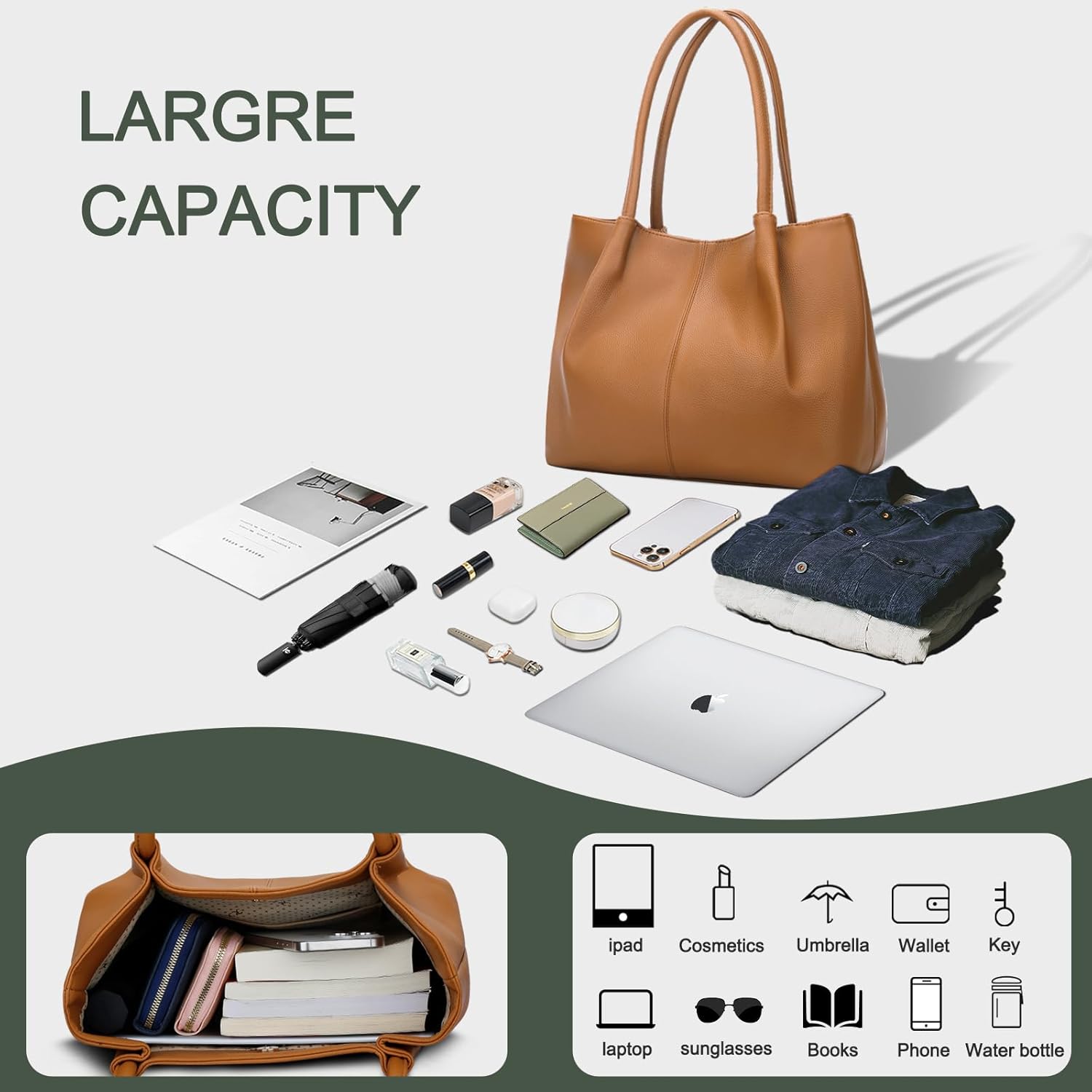 KKXIU Tote Bag for Women Vegan Leather Shoulder Purse Large Capacity Travel Bag - Image 6