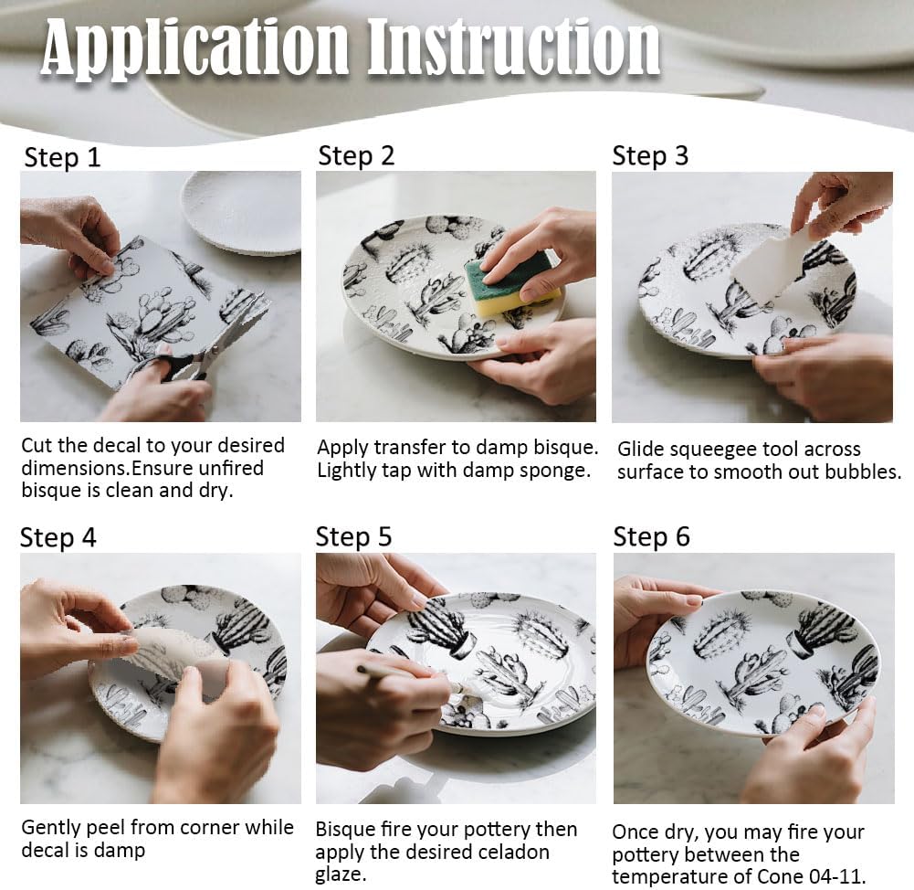 SUPERDANT 4 Pcs Cactus Underglaze Paper Transfer Plants Transfer Papers for Clay Ceramic Porcelain Under Glaze Transfers for Pottery Enamel Decals Black Underglaze Decal Handcrafted Gifts