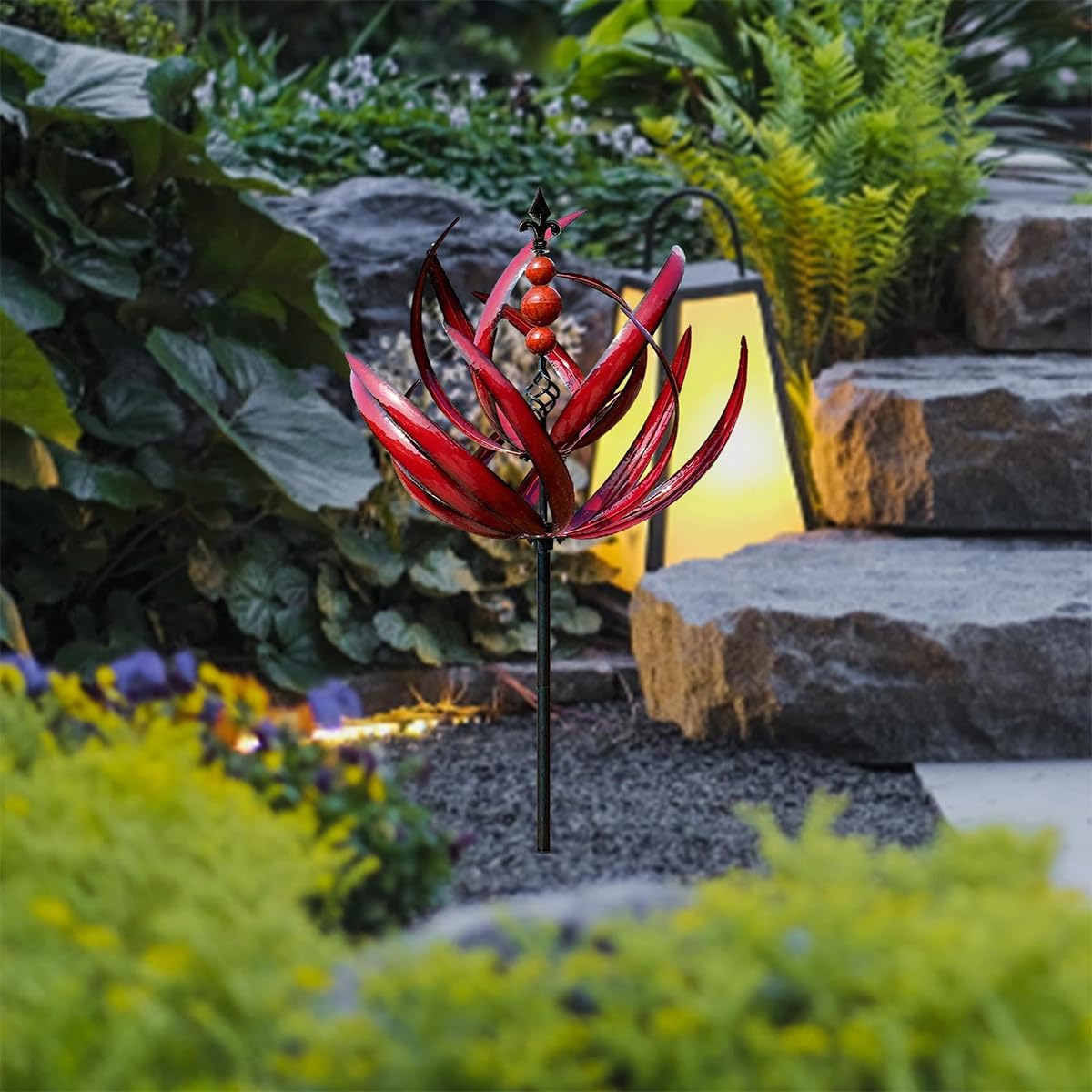 Moulin à Vent en métal Rotatif à 360 degrés pour Jardin, décoration de Jardin en Tige épaisse, Sculpture rotative en Forme de Lotus pour pelouse/terrasse/Jardin – Rouge