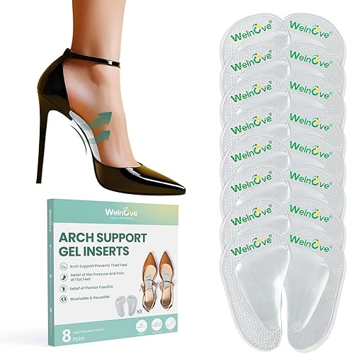 Welnove - 8 pares de plantillas de soporte de arco de gel para fascitis plantar, alivio de fatiga y dolor de pies, almohadillas suaves para el talón