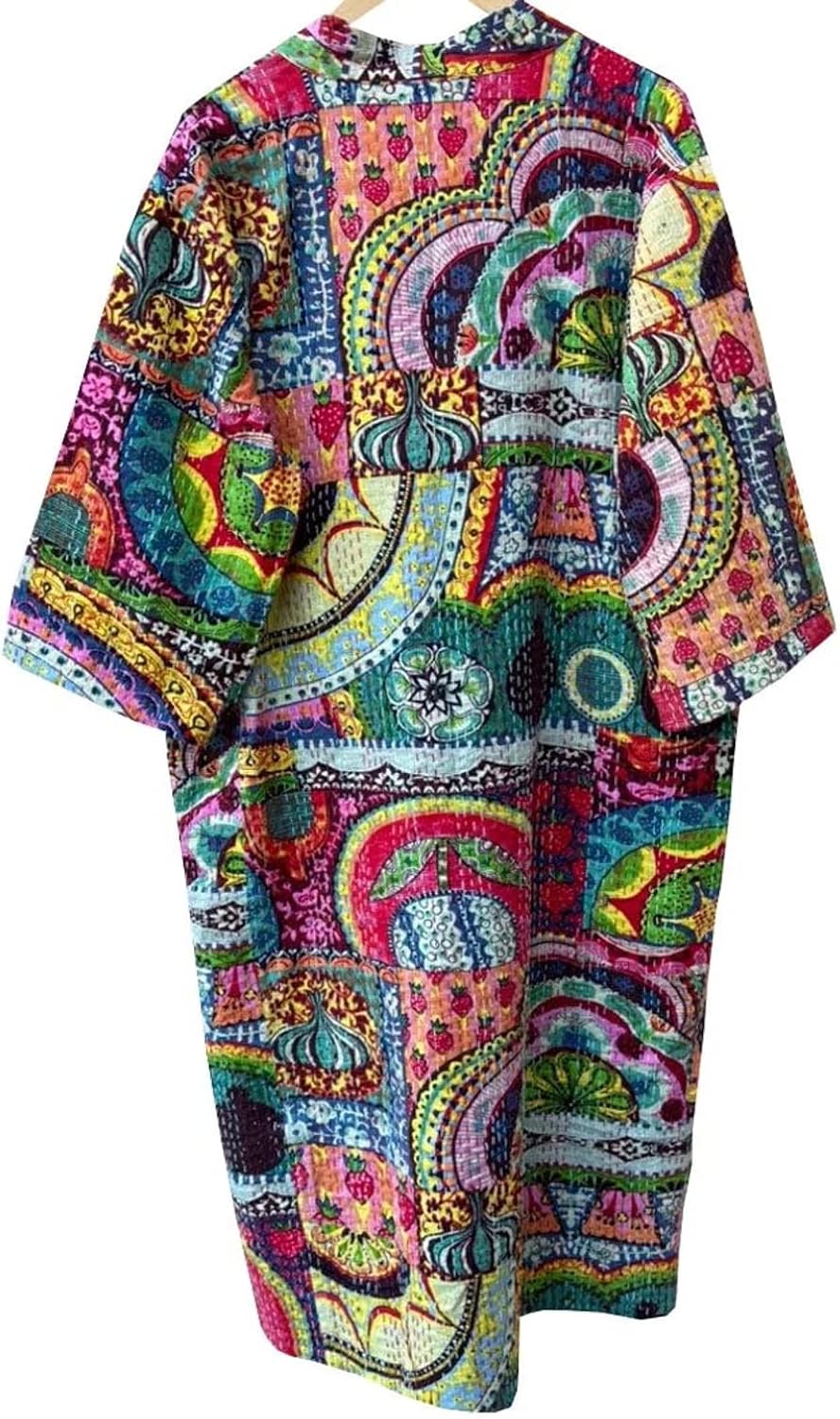 Cardigan Print Women wear Handmade Comfortable Kantha Kimono Front Open Wear Mid-Length Lightweight Cotton Jacket (Multi)