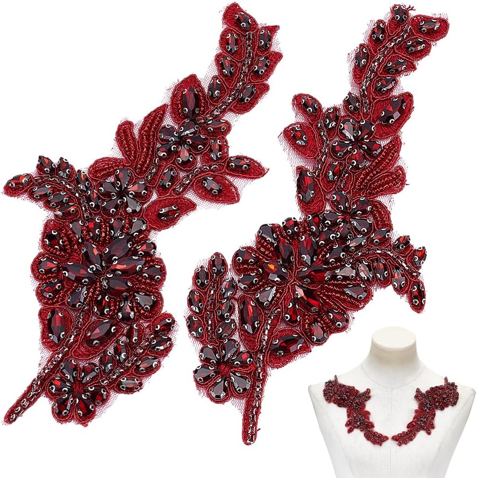 NBEADS 2 Pcs Rhinestone Sash Patch, 7.8x3.86 inch, 3D Floral Beaded Applique Sew On Crystal Sash Accent for Bridal Belt Formal Gown Graduation Stole Something, Dark Red