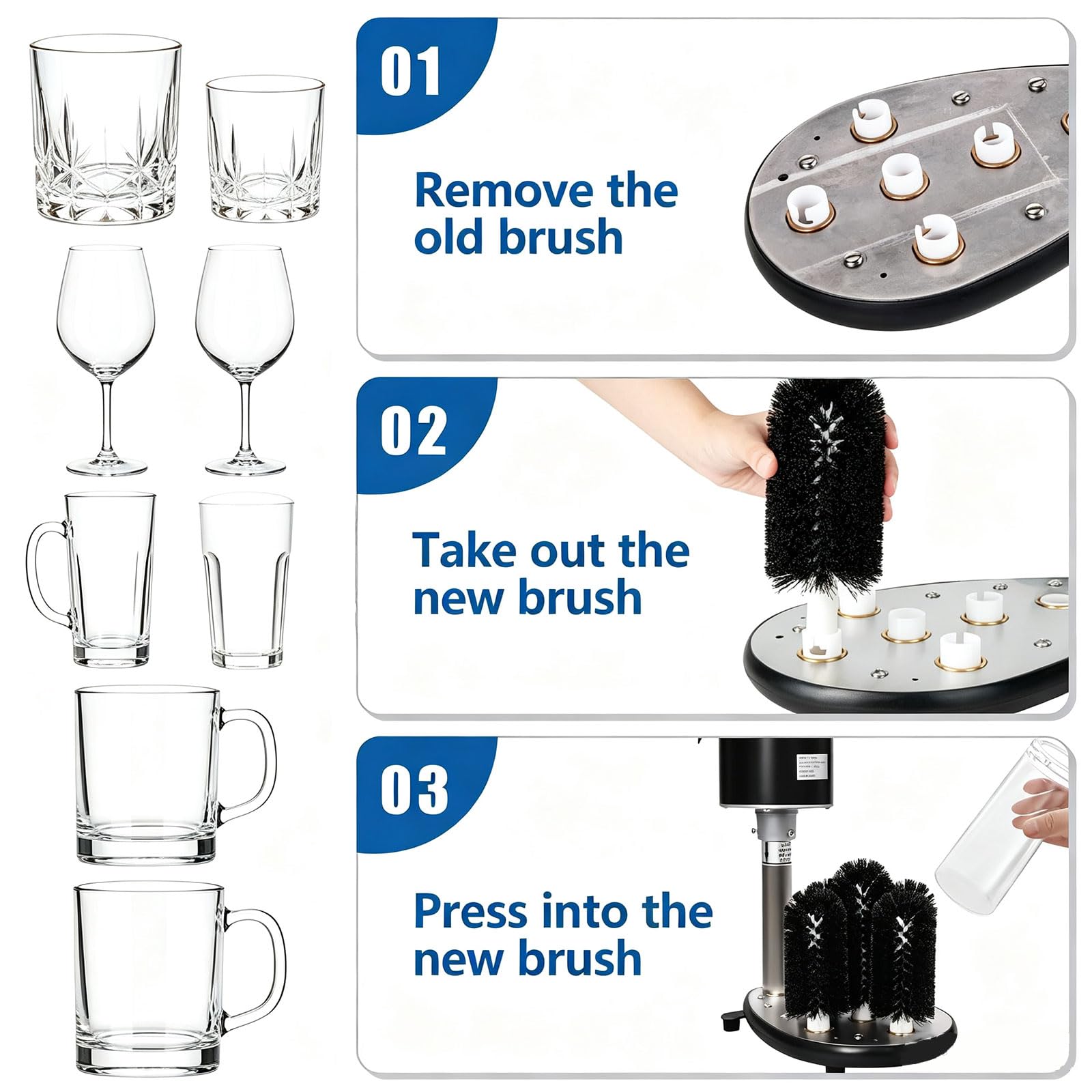 Ensemble de Brosses de Rechange pour Lave-Verres, 4 Brosses de 6"+1 de 7,5" | Convient aux Verres de Moins de 5,9" de Profondeur et 2–4" de Diamètre, pour Bars et Restaurants
