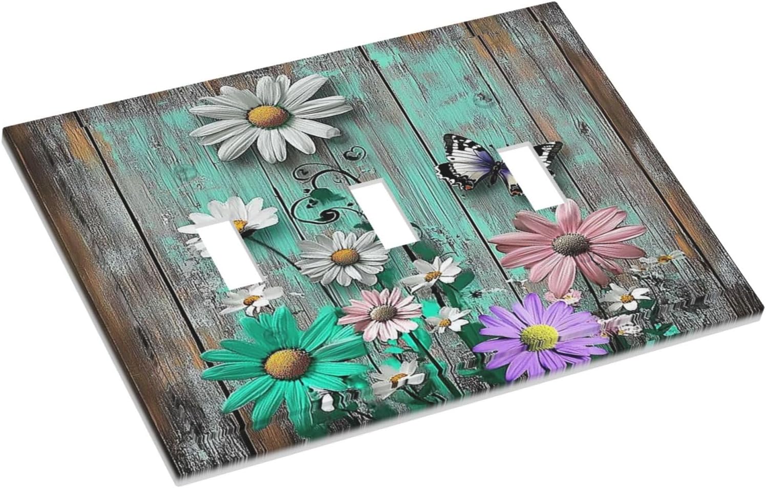 Decorative Switch Plates Rustic Flower Daisy Butterfly Green Wood 3 Gang Wall Plate Triple Toggle Light Switch Cover Faceplate Electrical Wall Panels For Farmhouse Cabin Decor