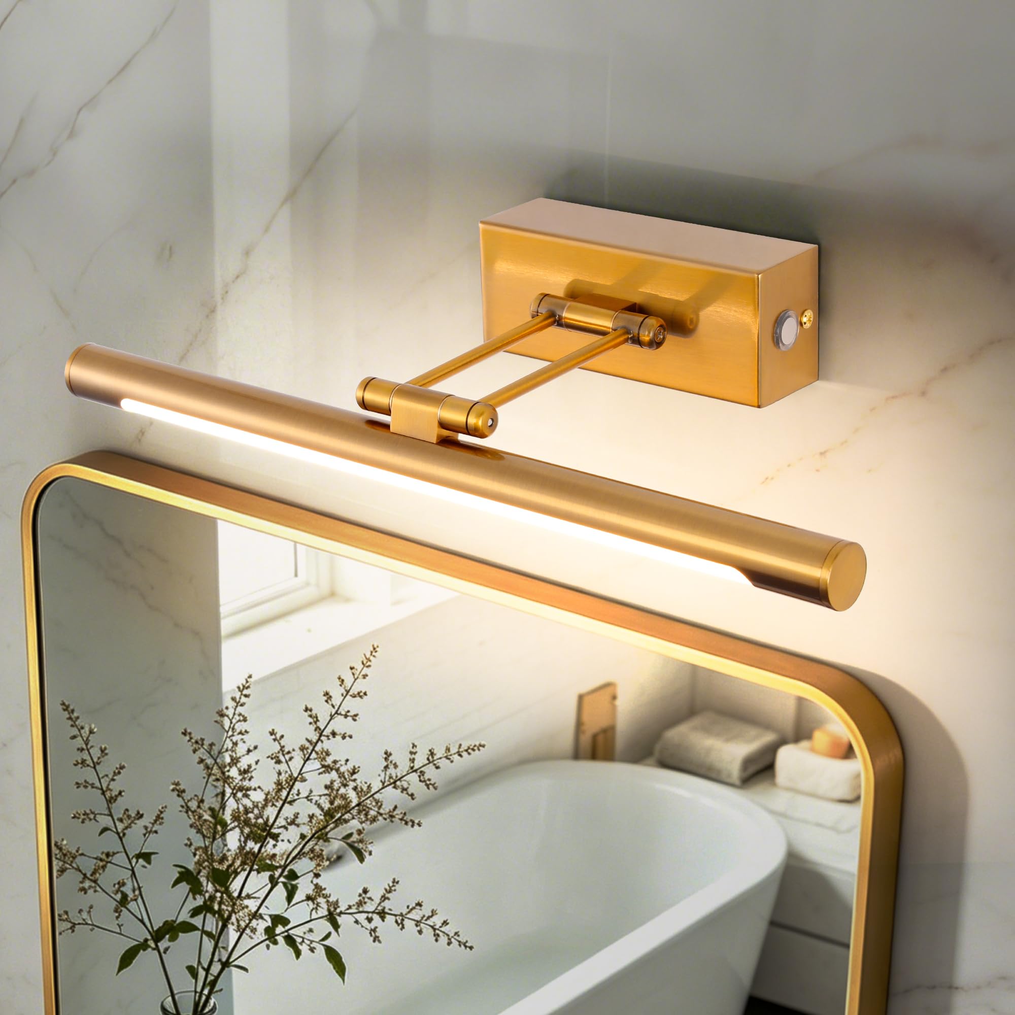 Applique Murale Salle de Bain Lampe à Miroir LED 40cm Interrupteur à Tirette 3000K Tête Pivotante pour Tableau Lampe Murale Mordern Dimmable Interieur 8W IP44