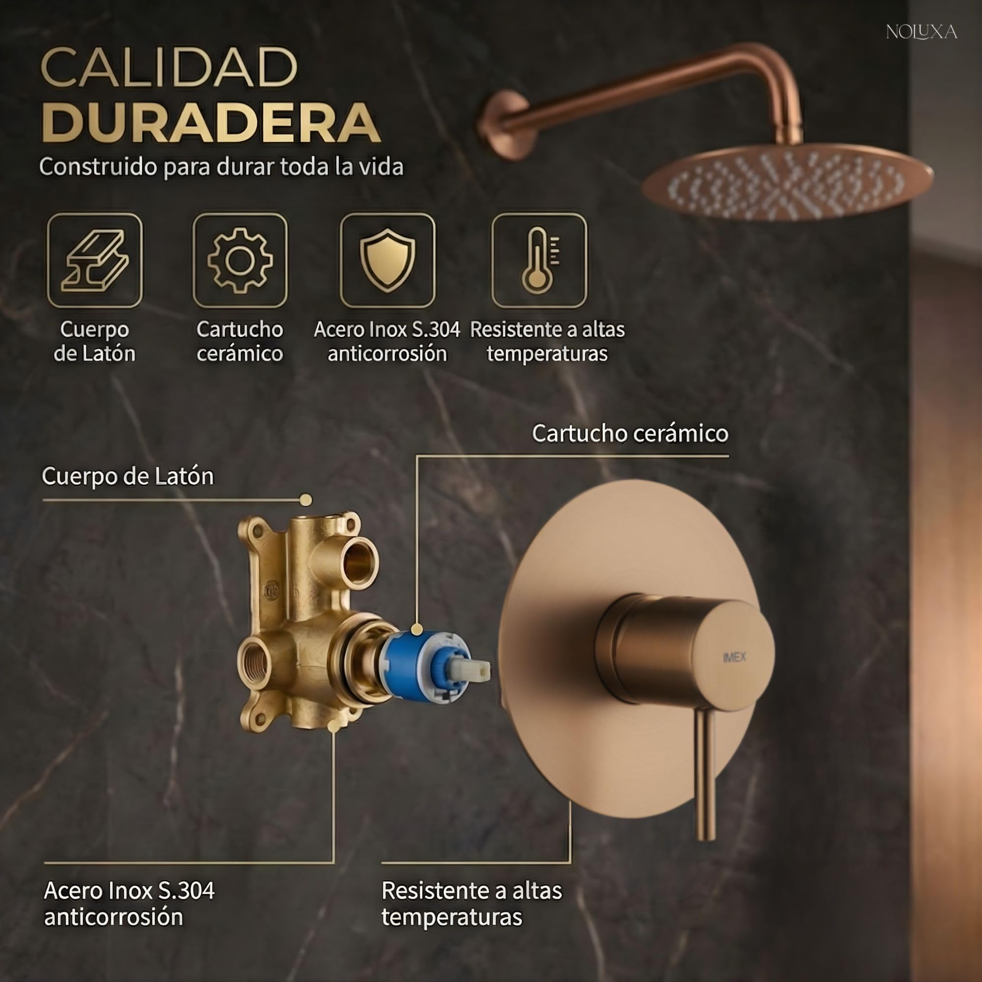 IMEX - Ducha Empotrada Oro Rosa Monomando | Conjunto de Grifería Empotrado con Rociador Antical Efecto Lluvia Cobre | Columna Ducha Empotrada con Grifo en Latón y Acero Inox S.304 (SIN ALCACHOFA)