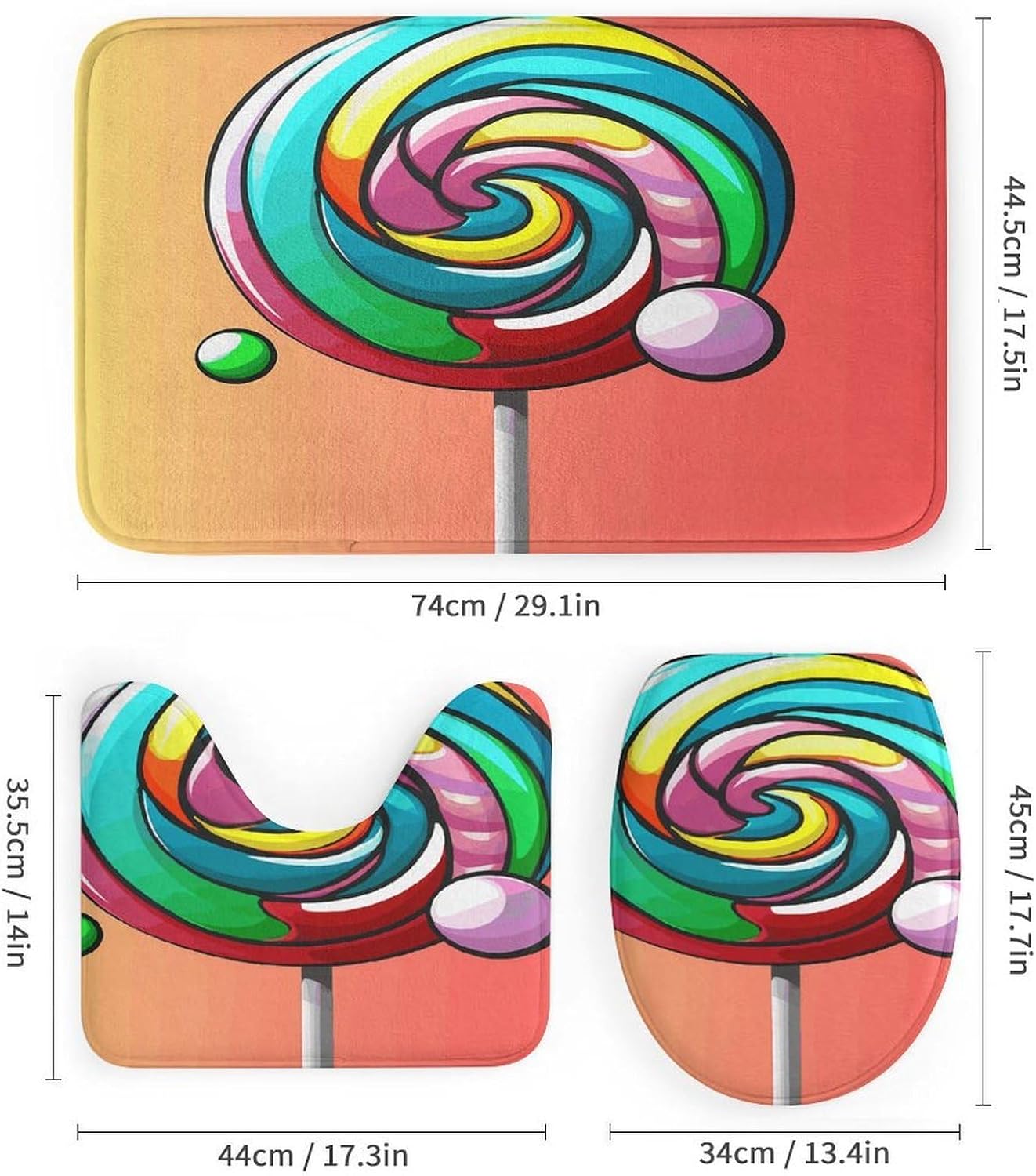 Lollipop Bath Rug Set 4 Piece,Bathroom Accessories Set-Toilet Rugs U Shaped,Toilet Lid Cover,Shower Curtain and Rugs,Ultra Soft, Absorbent,Home Decor