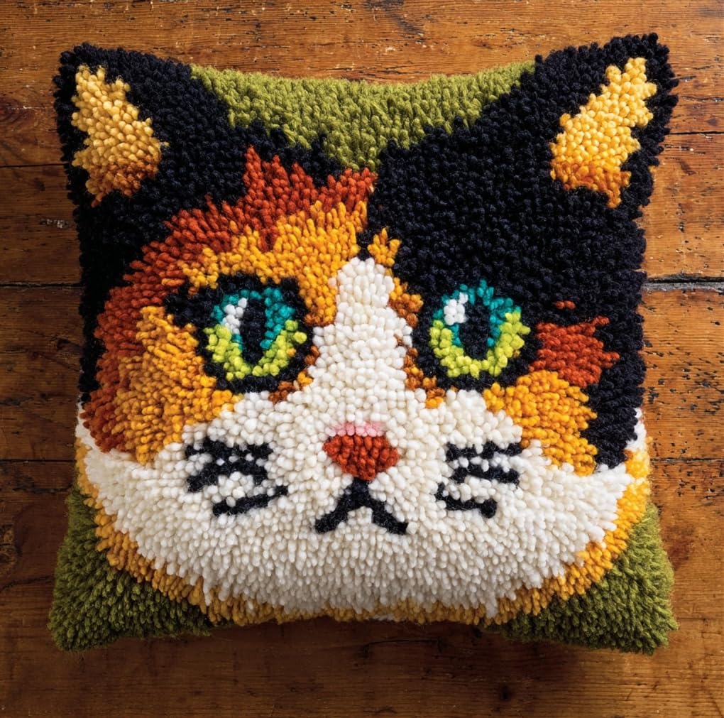 Taxpy Latch Hook Cushion Kits for Adults Cat 43Cmx43Cm DIY Hooks Knitted Embroidered Carpet Pillow Needlework Pillow Cover Embroidery Latch Hook Carpet Kit