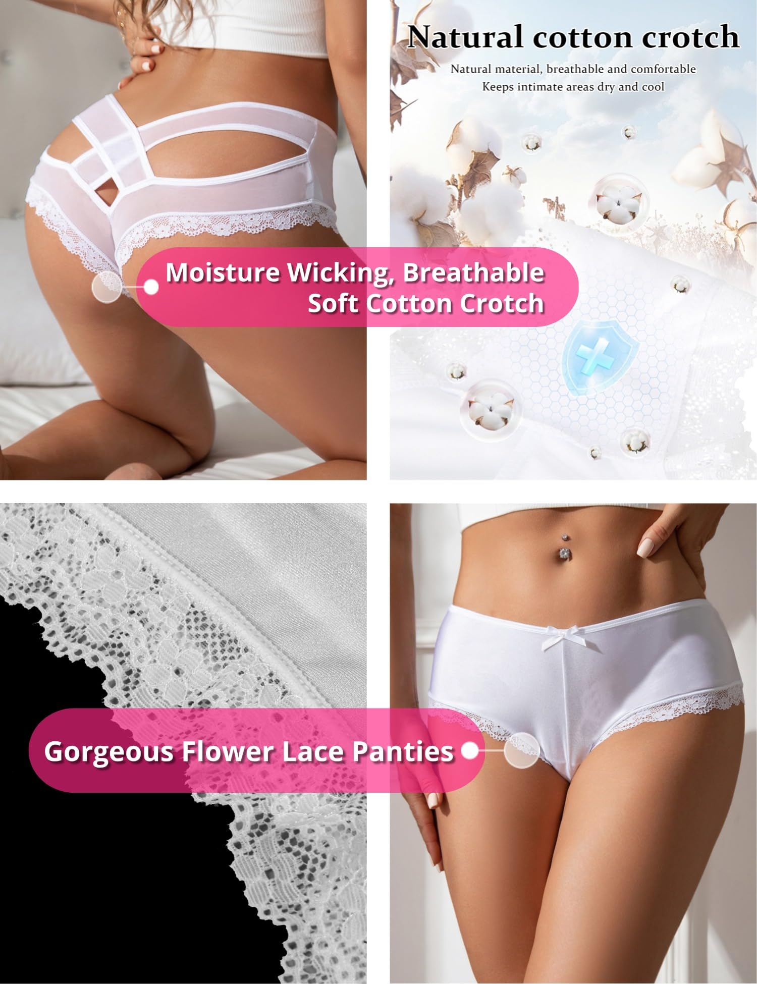 ohyeah Womens Underwear Sexy Lace Hipster Panties for Women Cheeky Cotton Crotch Crisscross Strappy Boyshorts Panties XS-4XL: 3X-Large-4X-Large 1 - White