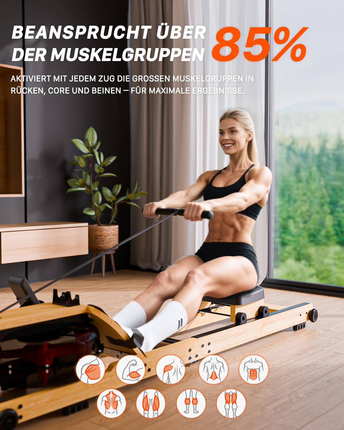 Rudergerät für Zuhause, Aeriflo Hochwertiges Faltbares Wasser Rudergerät aus Massivholz, mit Professionellem Bluetooth-Monitor mit Tablet-Halter & Komfortabler Sitz