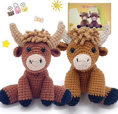 Highland Cow - Kit de ganchillo para principiantes intermedios, 2 piezas de animales para manualidades, kit de inicio de ganchillo con video