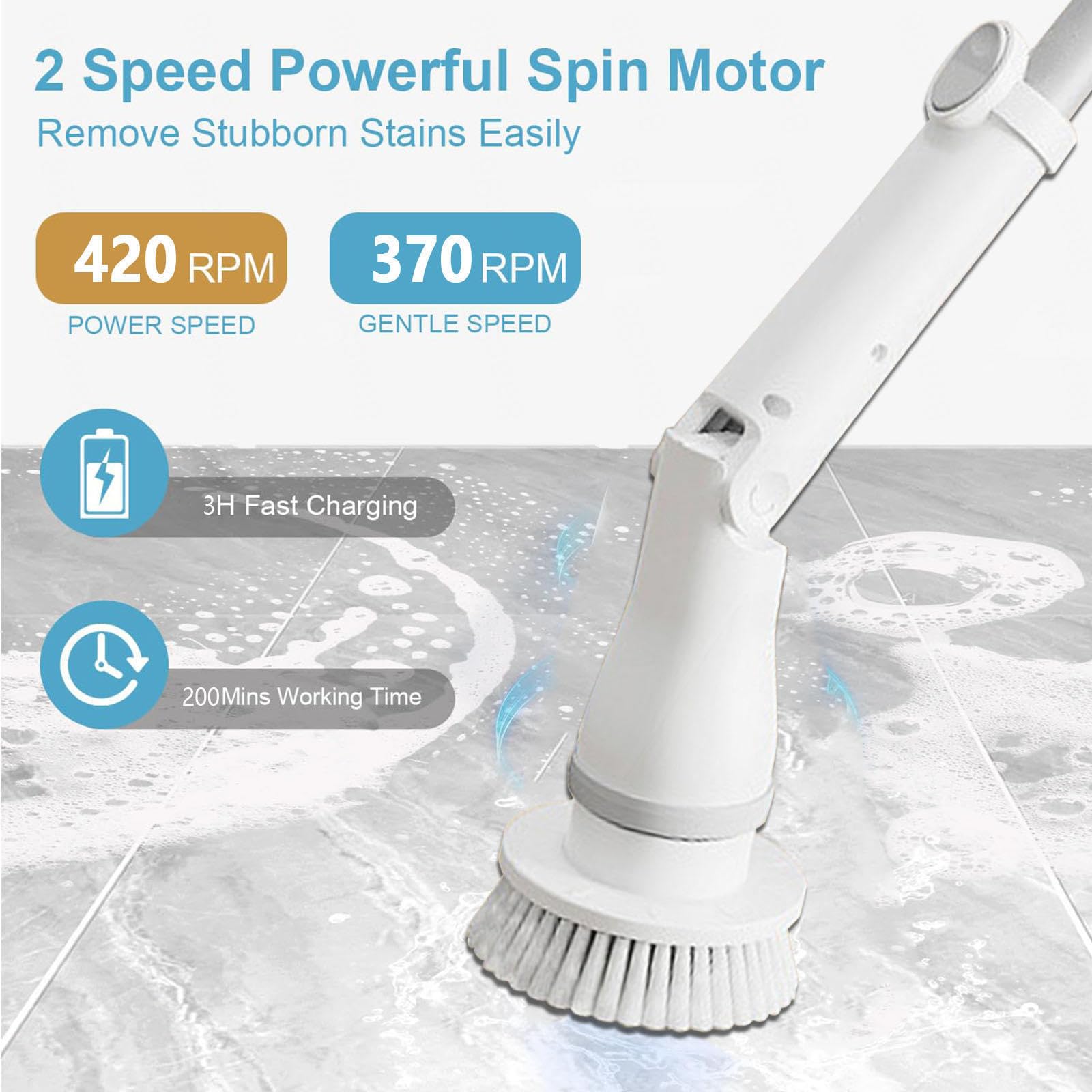 Spazzola Rotante Wireless con 6 Teste Di Foratura Intercambiabili, Maniglia Regolabile Spazzola per La Pulizia per Bagno, Vasca,Cucina,Pavimento,Auto