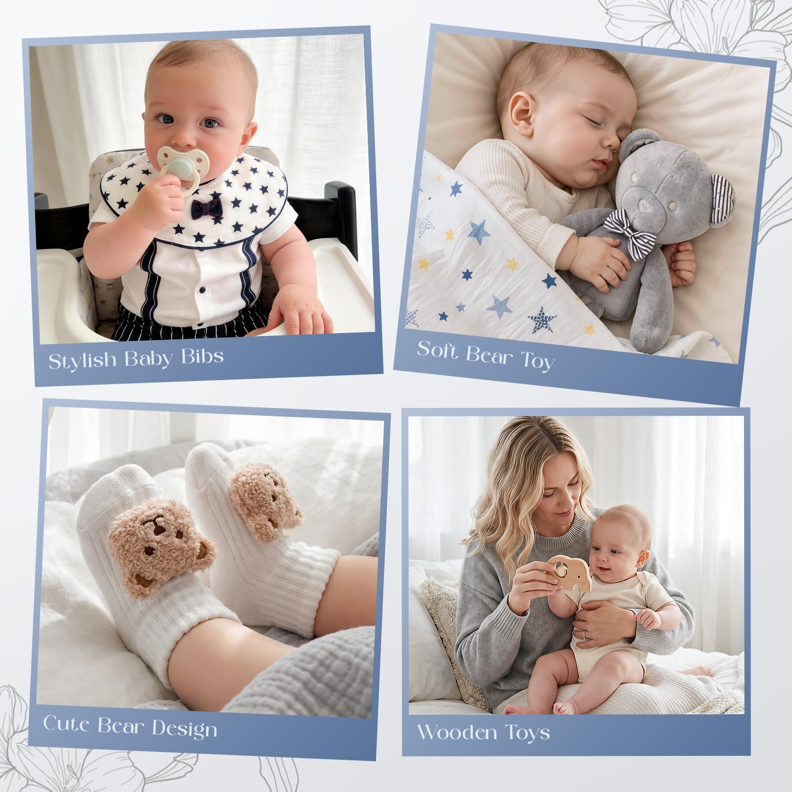 Set Regalo Neonato Nascita Bimbo, con Pagliaccetto Coperta Bavaglino Calzini Antiscivolo Sonaglio Giocattoli di Peluche Regalo Neonato Nascita Battesimo Maschio Bimba Regali Baby Shower Unisex
