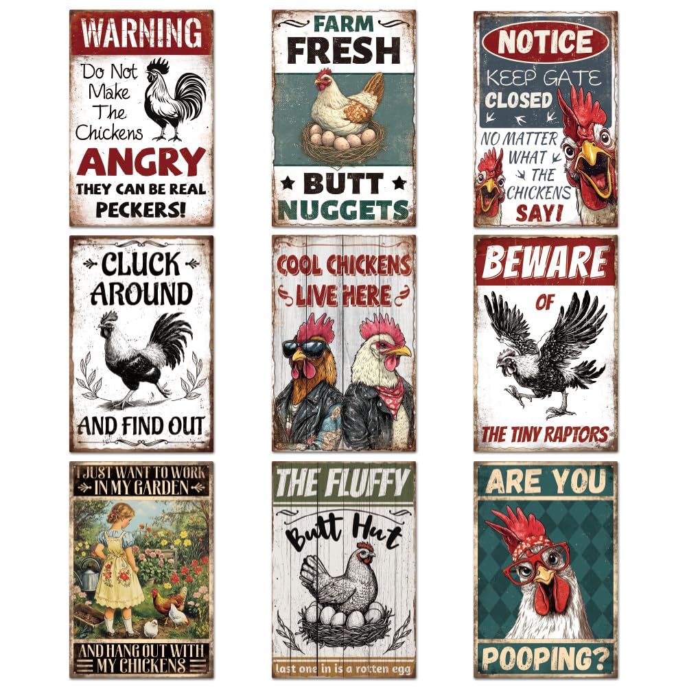 GLASSWINDS 9 Pcs Chicken Coop Signs, Funny Chicken Signs Outdoor 8×12 Inch, Metal Tin Sign for Farm Yard Garden Easter