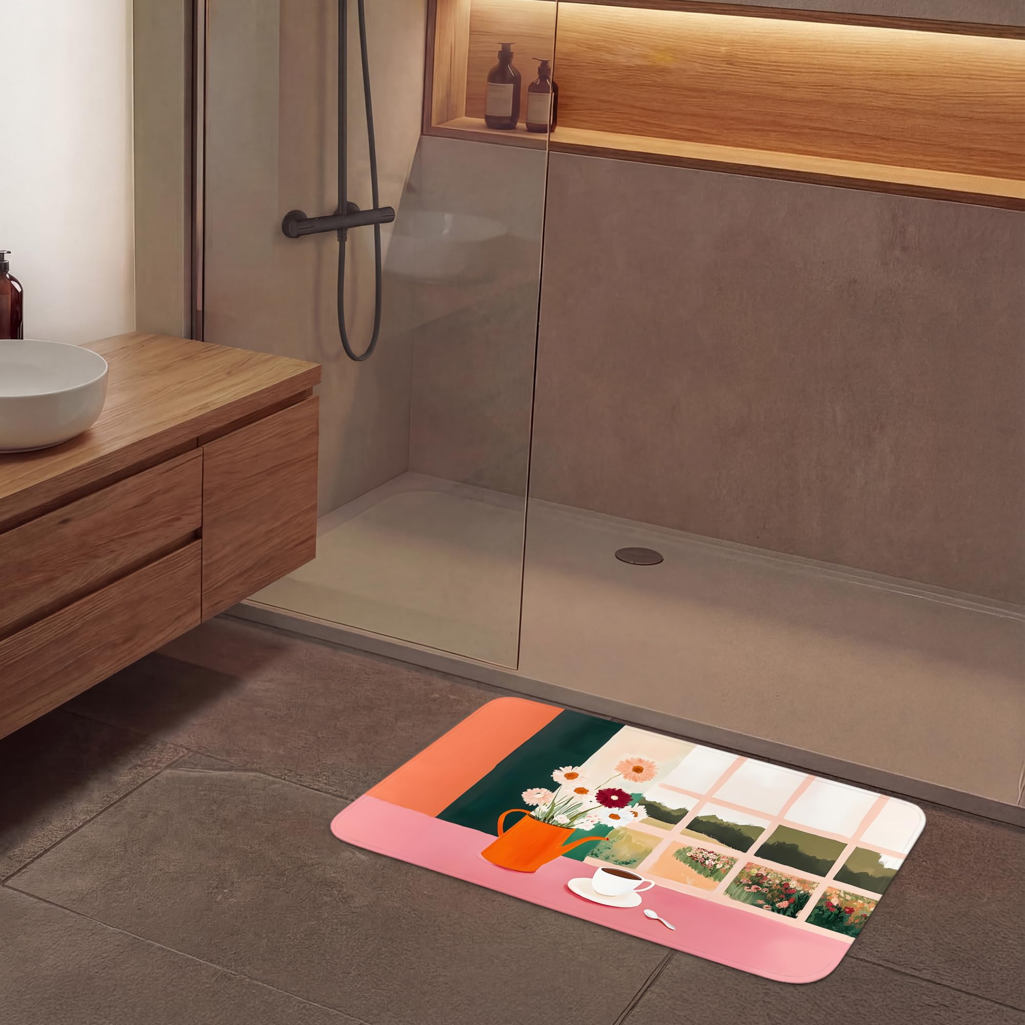 Alfombra De Baño Rectangular 90x60 cm Bathroom Bath Mat Lavable Tapete Antideslizante Alfombras Ducha Decoracion Alfombrilla Flores - Café - Ventana