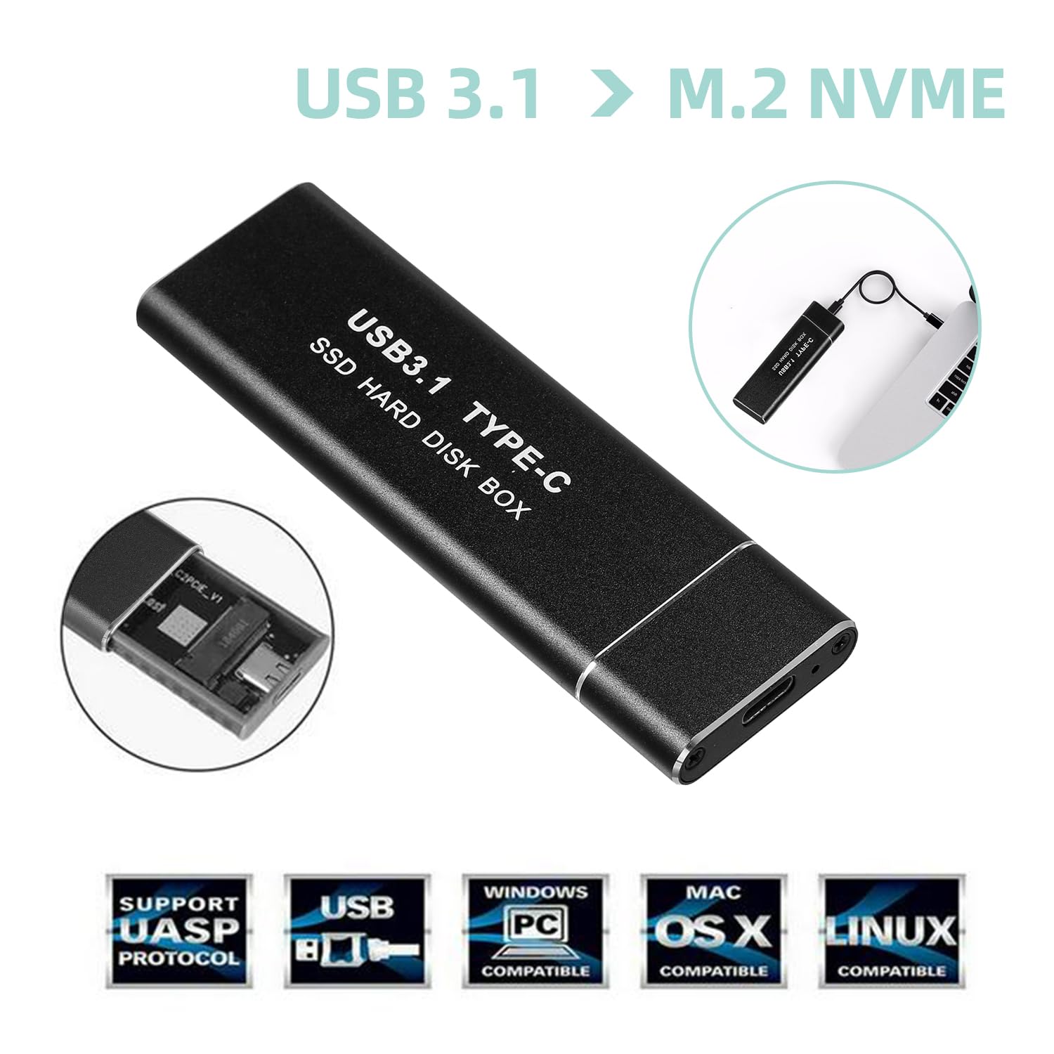 Abauat Custodia SSD M.2 NVMe, Enclosure Alluminio Adapter USB C 3.1 Gen2 10Gbps per 2230/2242/2260/2280 M-Key