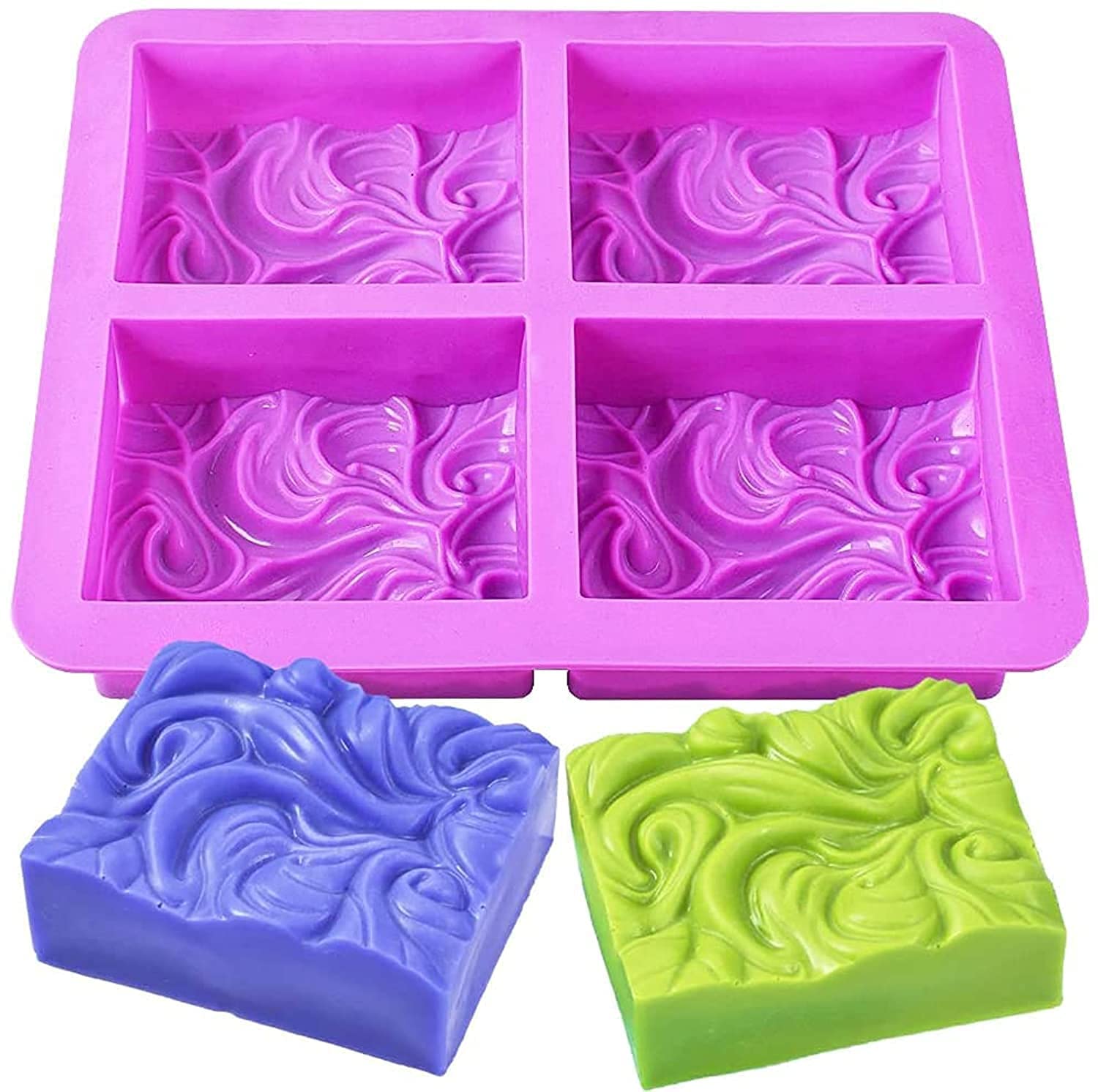 4-Cavity Ocean Wave Silicone Soap Molds Rectangle Baking Molds, DIY Handmade Nautical Cloud Swirls Pattern Silicone Molds for Goat Milk Soap Base 3.5oz
