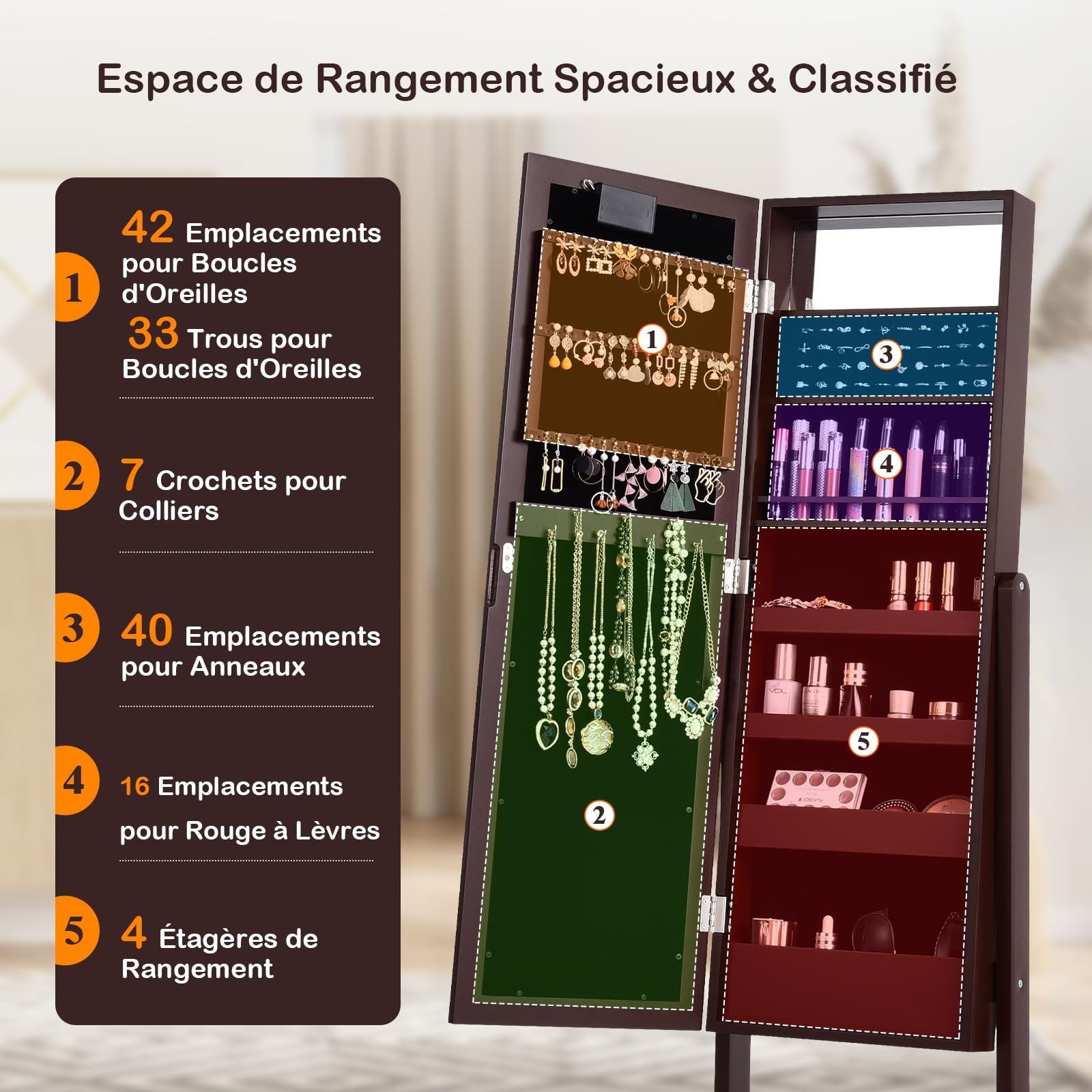 GOPLUS Armoire à Bijoux, Armoire a Bijoux avec Miroir sur Pied avec Lumières LED, Miroir Intégré, Organisateur de Bijoux Verrouillable avec Crochet de Collier, 4 Etagères (Marron)