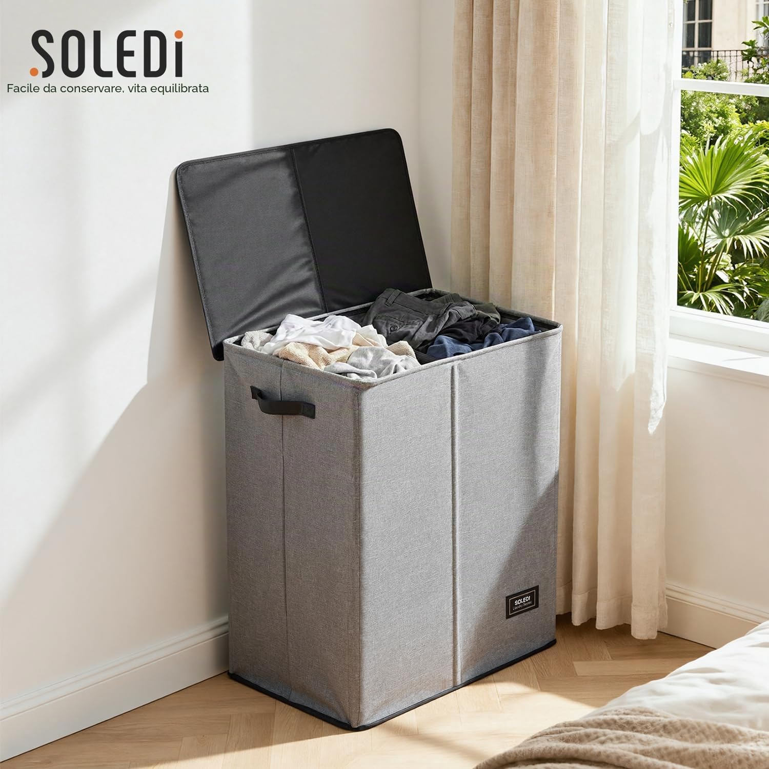 SOLEDI Cesto portabiancheria doppio da 145 litri con coperchio, cesto portabiancheria a 2 sezioni, pieghevole e sporco, con robusta borsa per la biancheria, per camera da letto, dormitorio, università